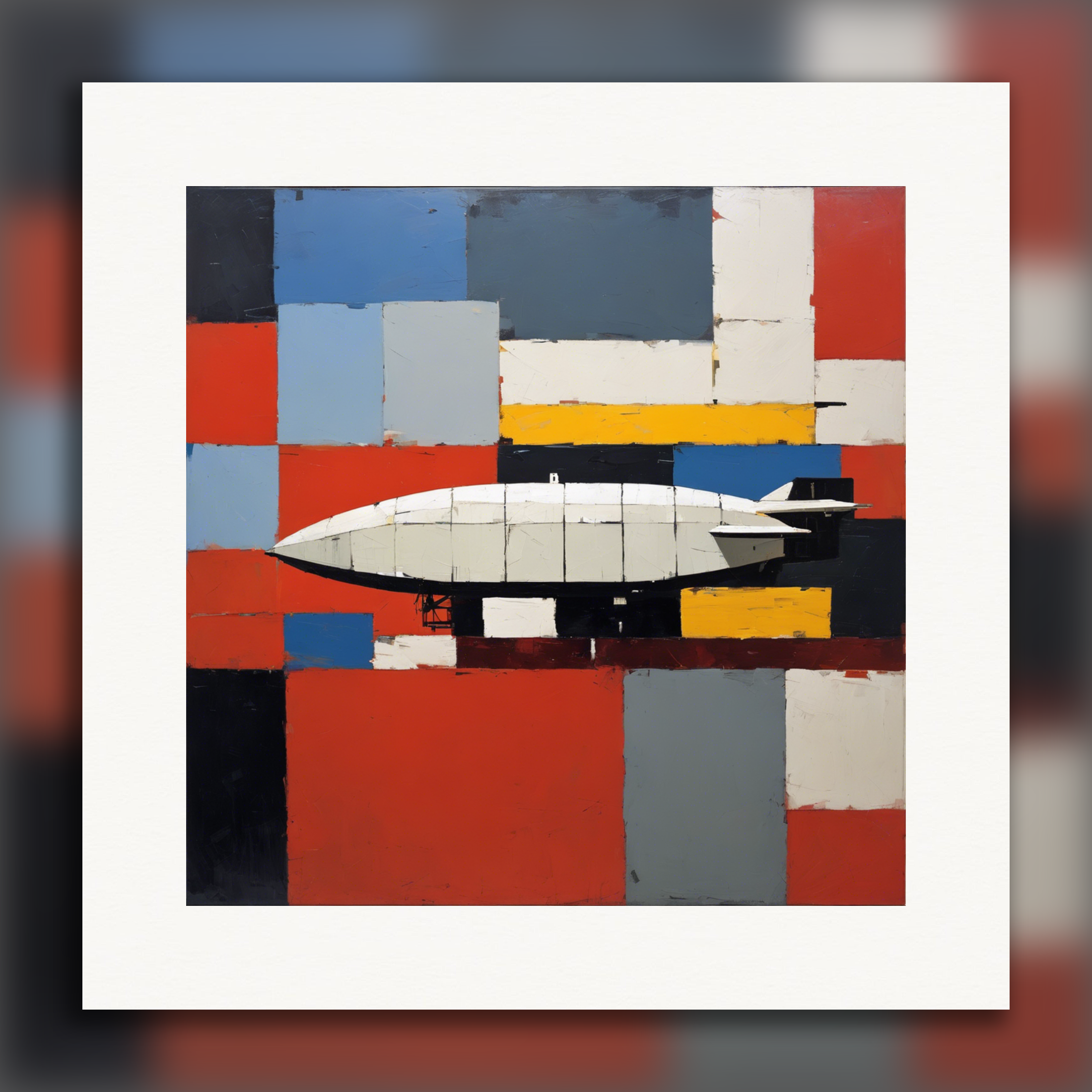 Abstracción figurativa, formas geométricas gruesas y texturizadas, un zepelín - póster