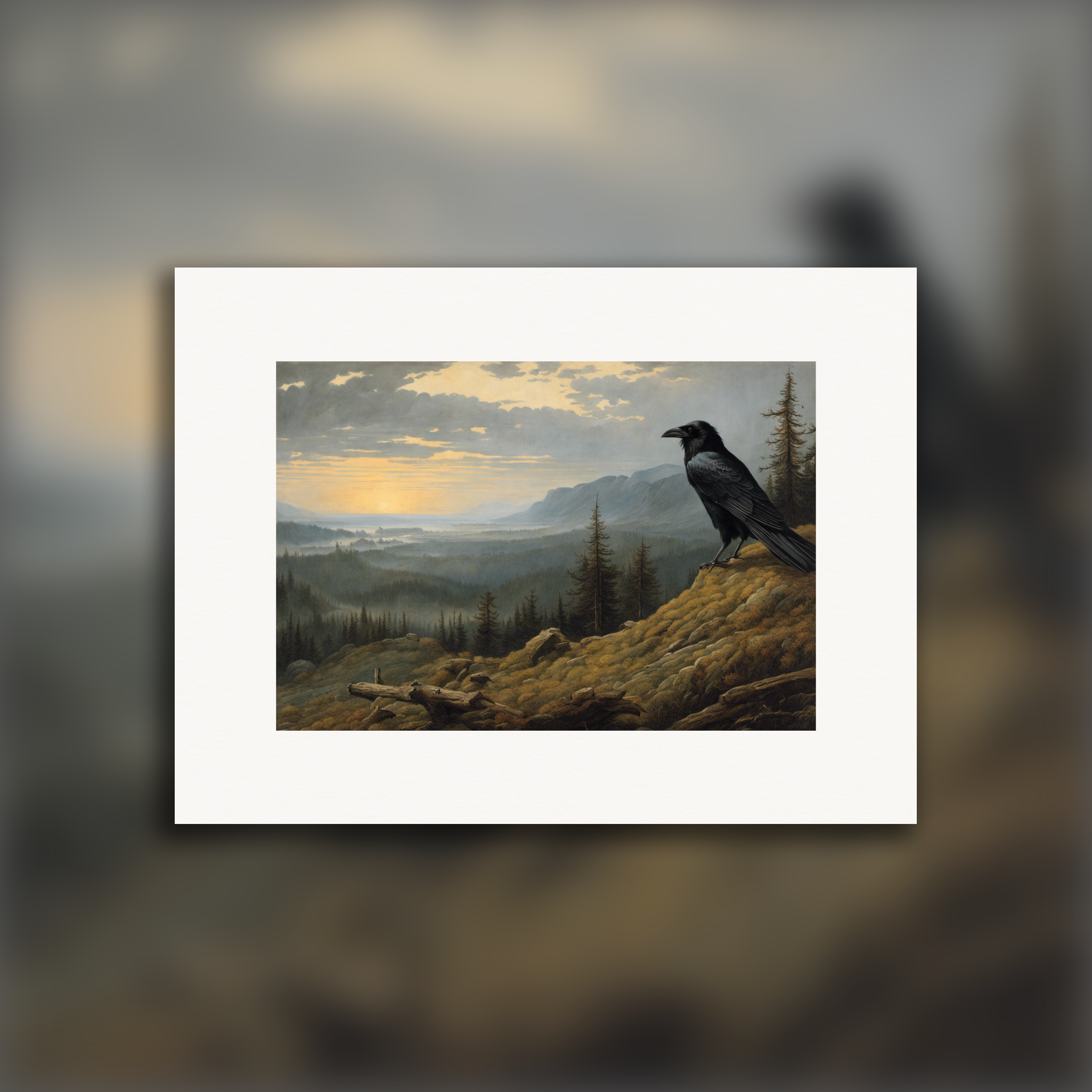 Paisajes hipnotizantes que invocan la introspección espiritual, un cuervo - póster