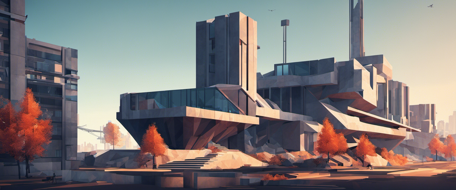 Ciudad futurista brutalista de polígonos bajos - Póster