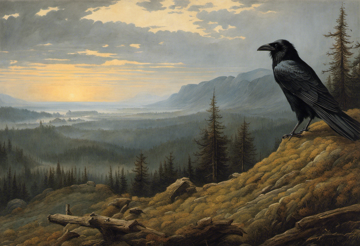 Paisajes hipnotizantes que invocan la introspección espiritual, un cuervo - póster