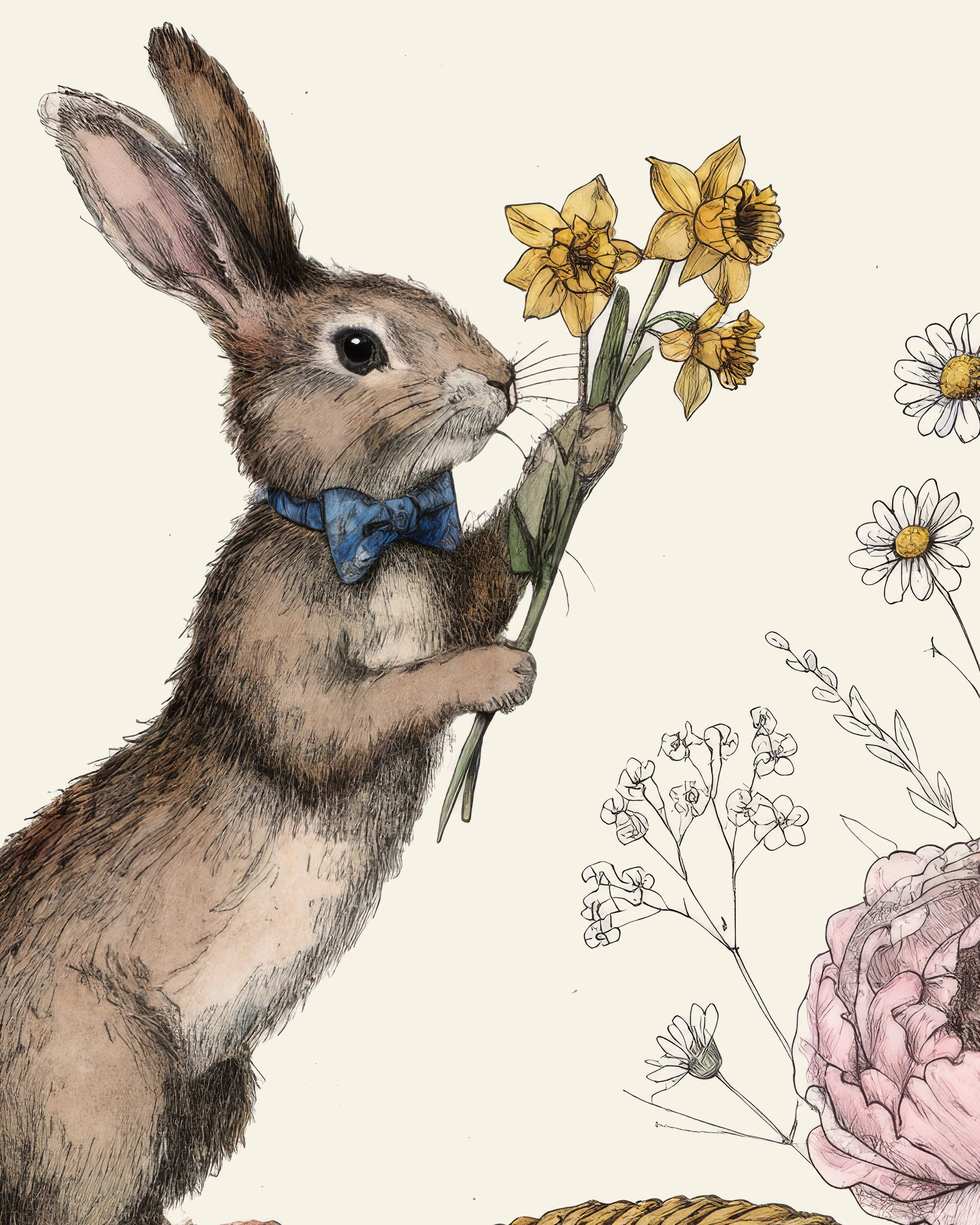 Impresión artística con conejo de moño y canasta de Pascua - Póster