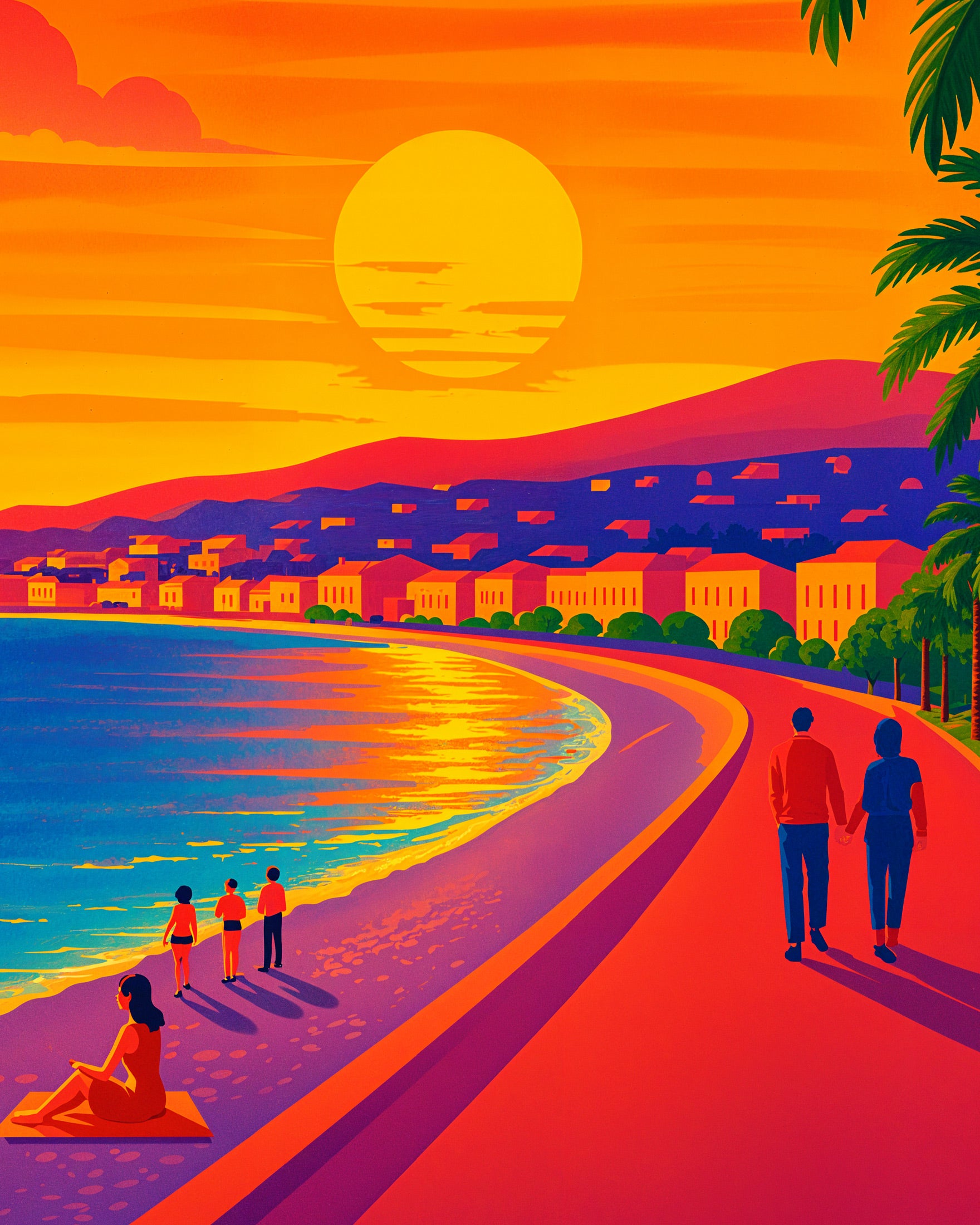 Paseo al atardecer en Niza, Francia – Promenade des Anglais Póster
