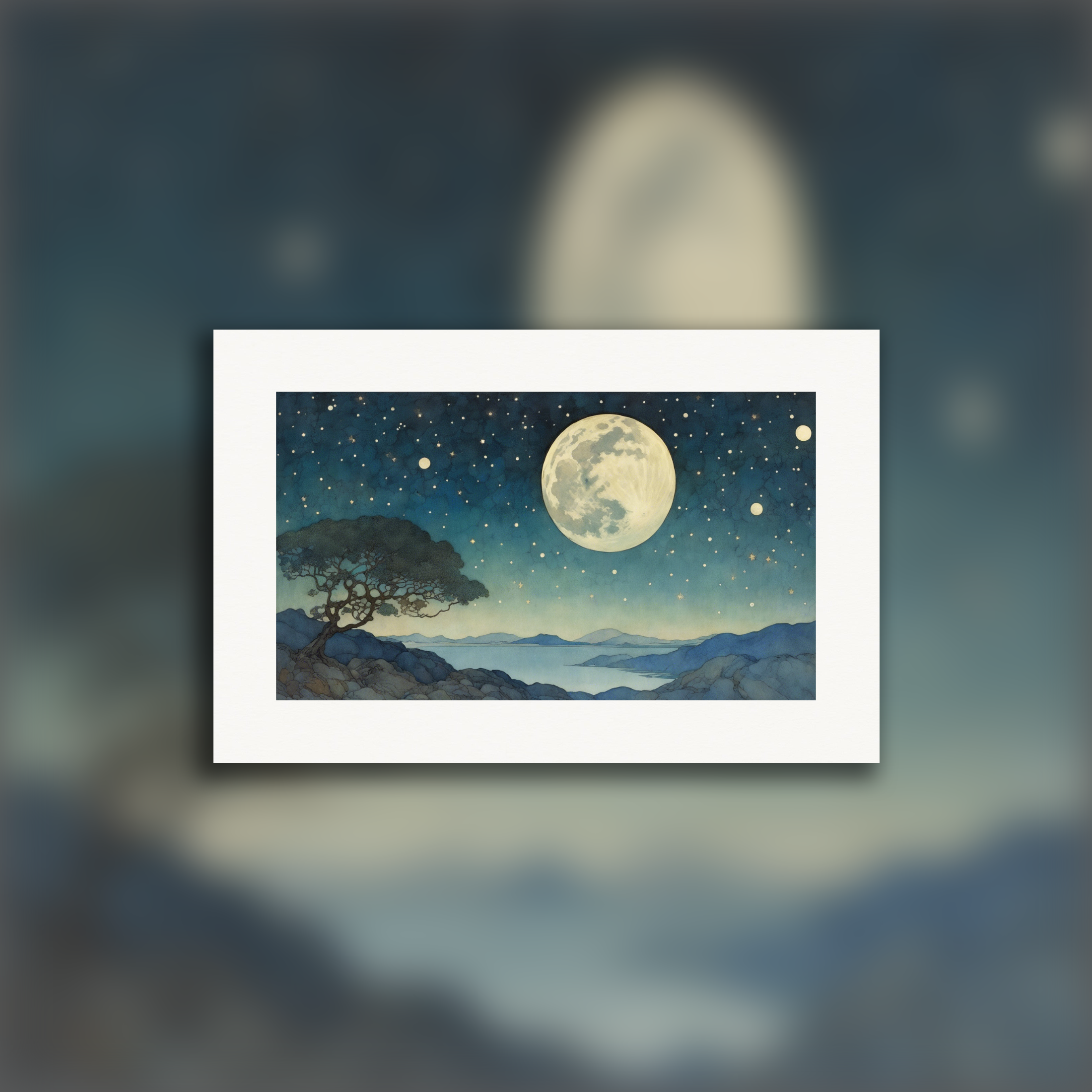 Ilustración encantadora, Luna y cielo estrellado - Póster