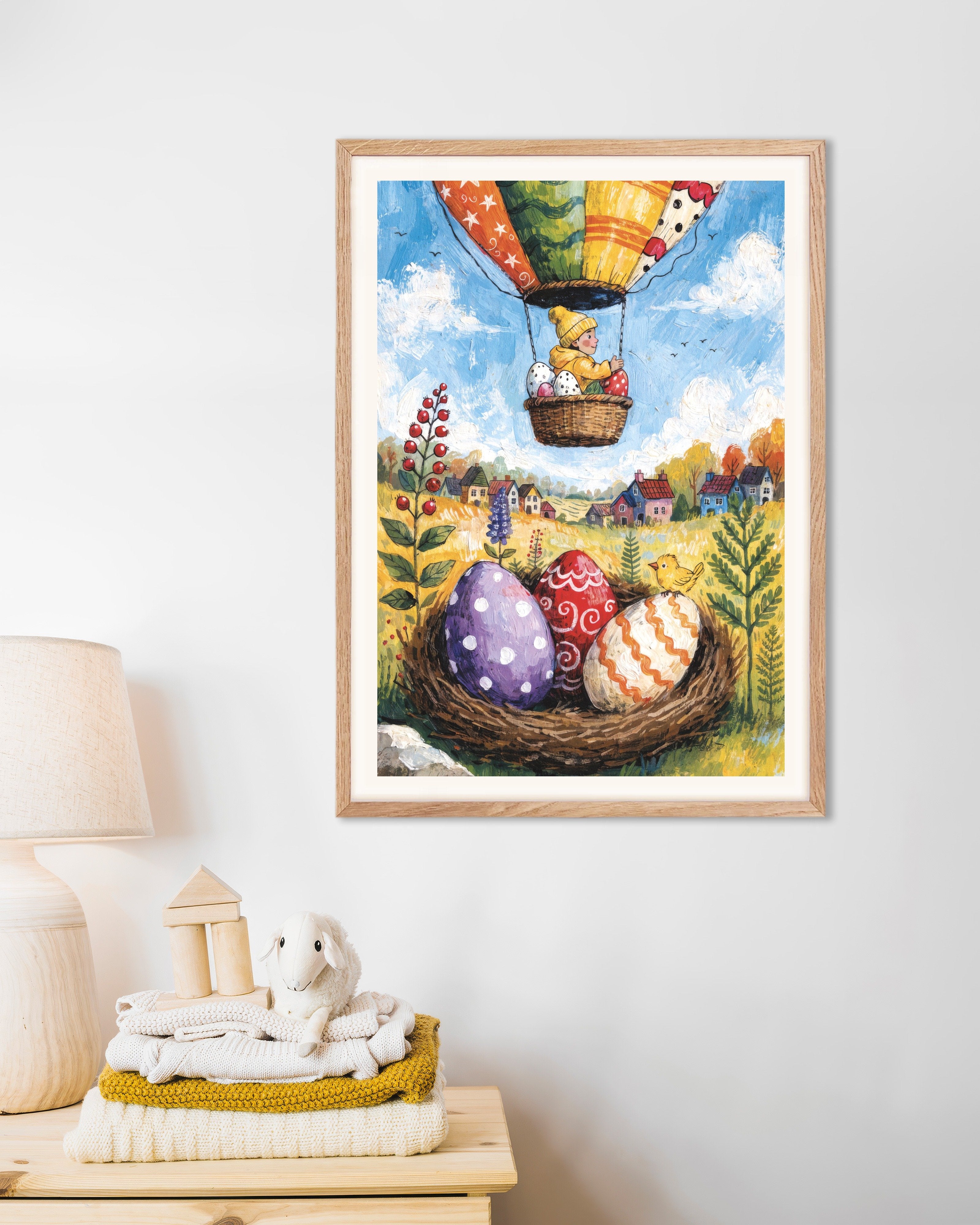 Poster of Easter Balloon Ride with Painted Eggs Poster, with natural wooden frame