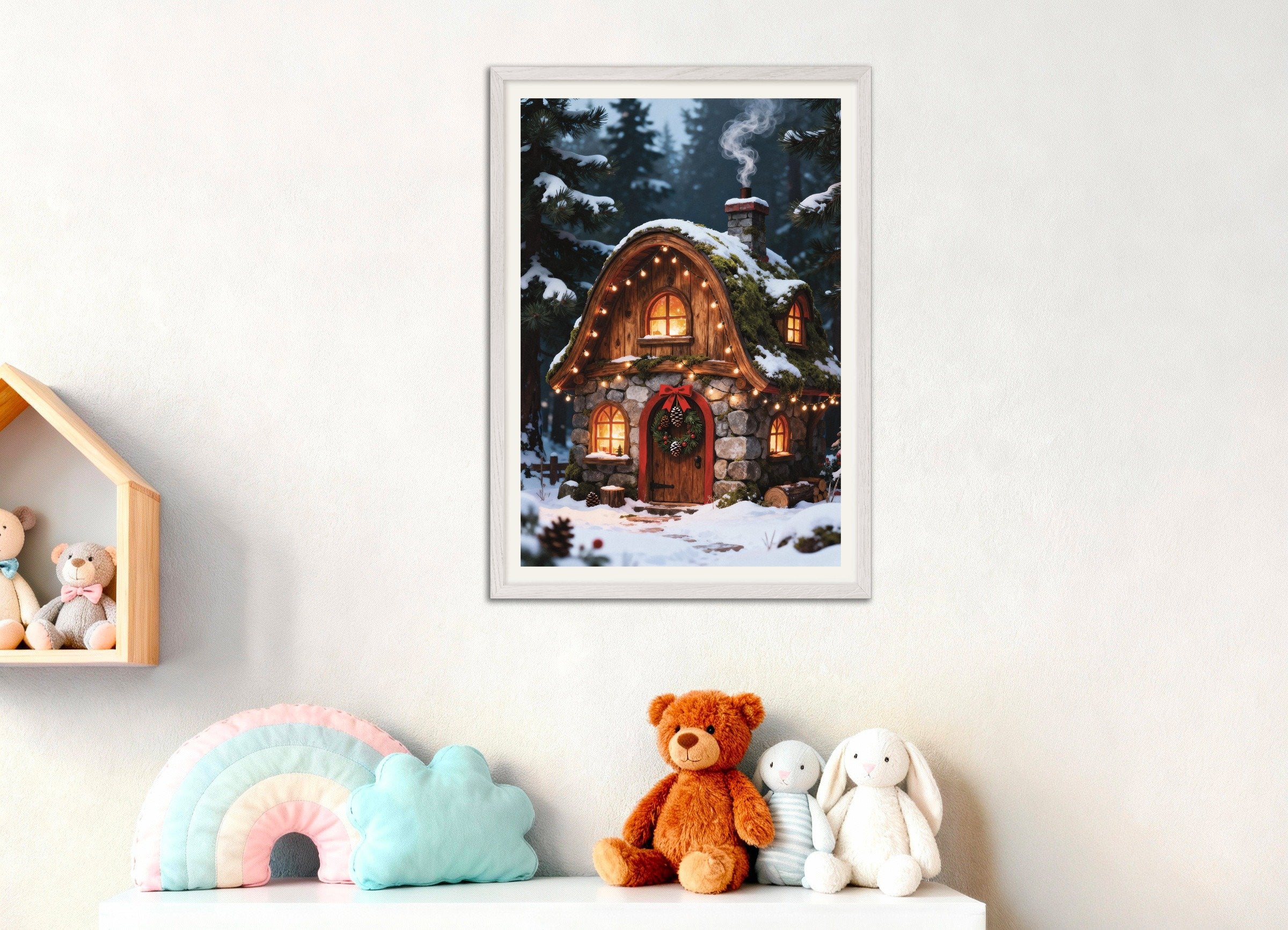 Poster of Elf cottage in the snowy forest poster, with white wooden frame
