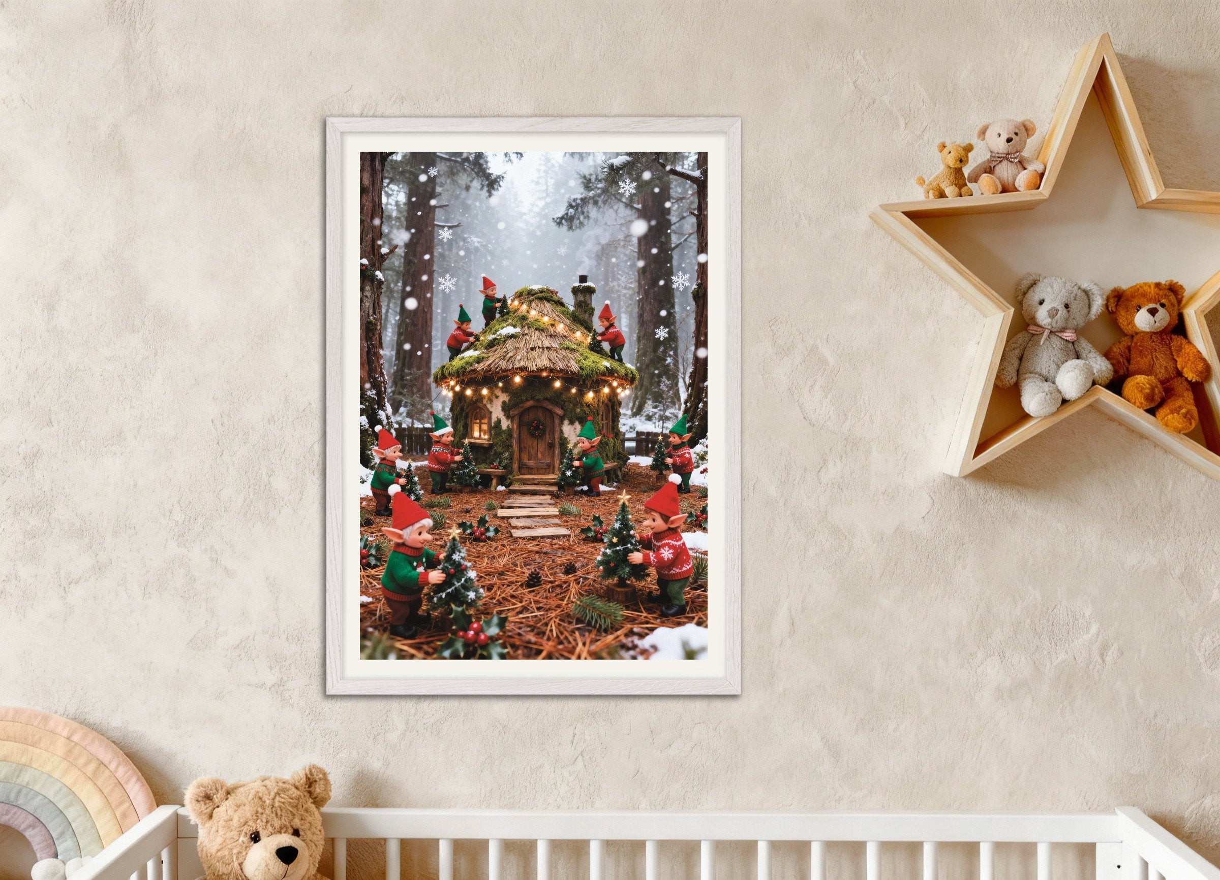Poster of Elves decorating the enchanted forest house poster, with white wooden frame