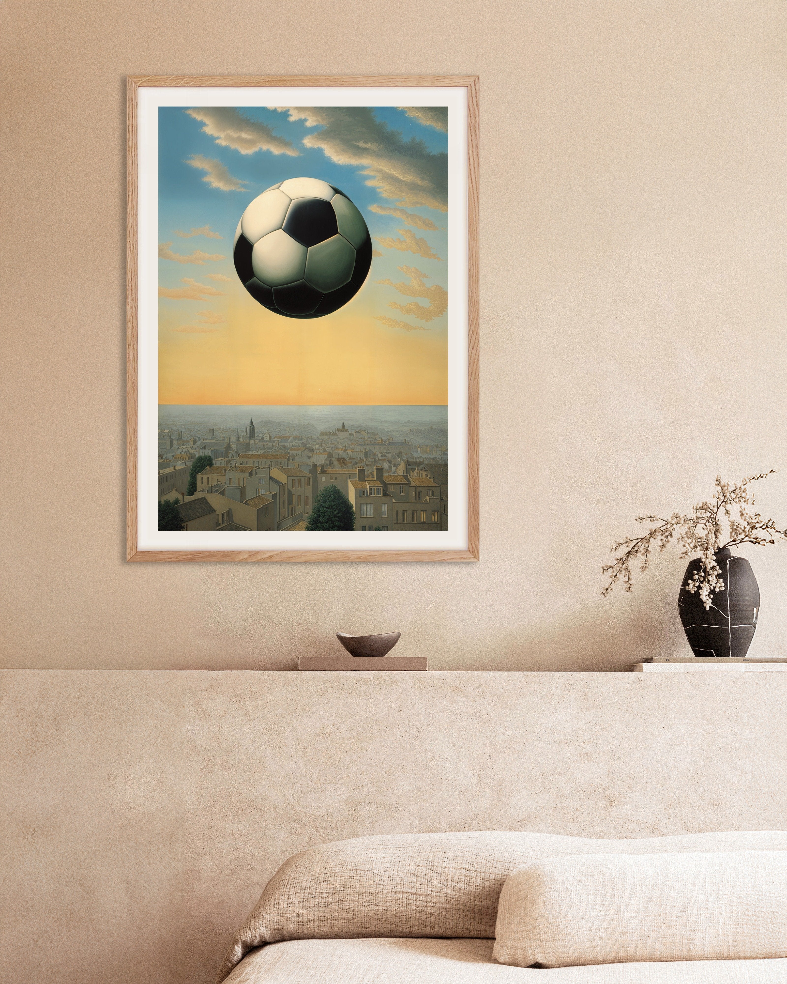 Poster of Football Rules the World, with natural wooden frame