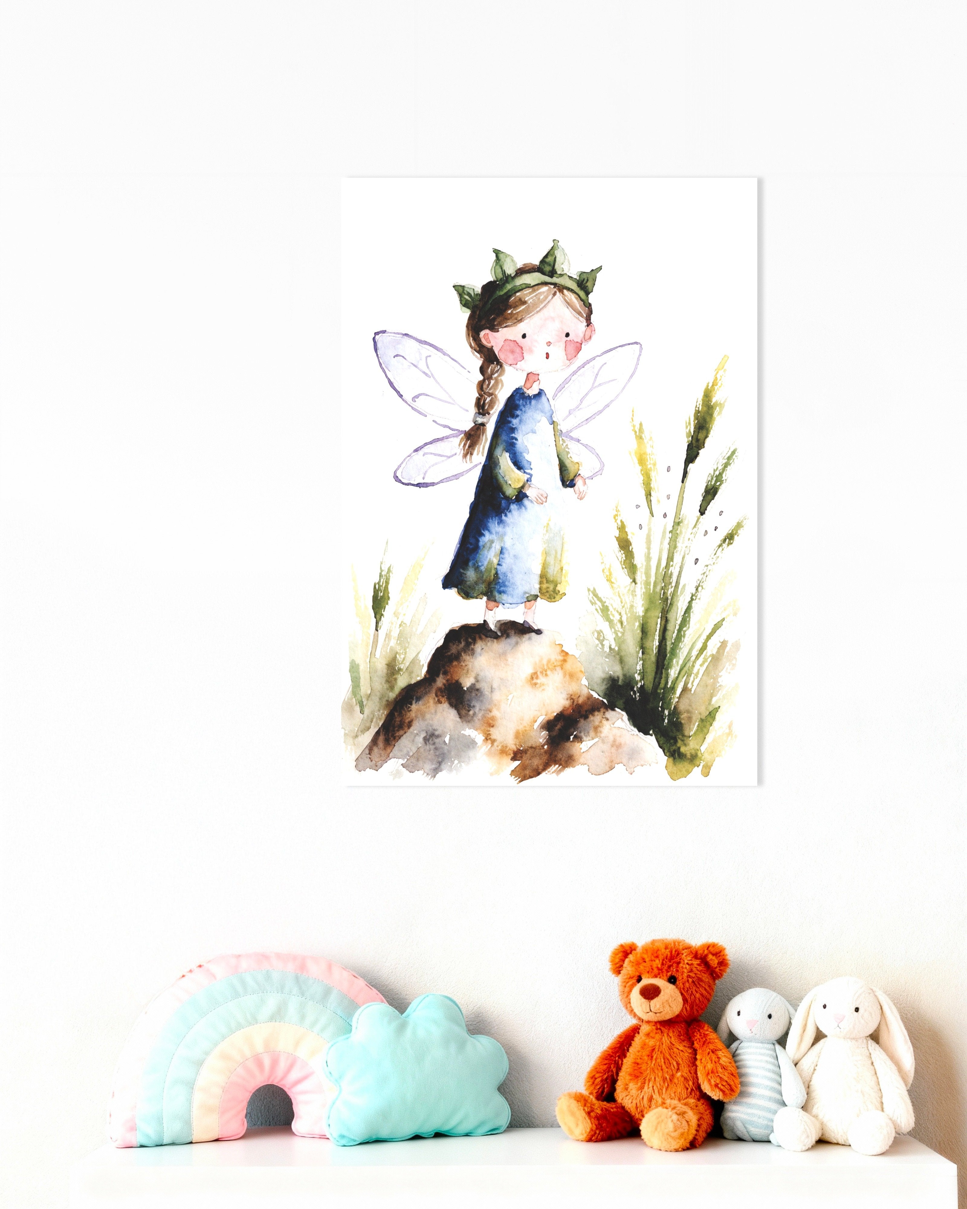 Poster of Leaf-Crowned Fairy in a Blue Dress – Watercolor Poster
