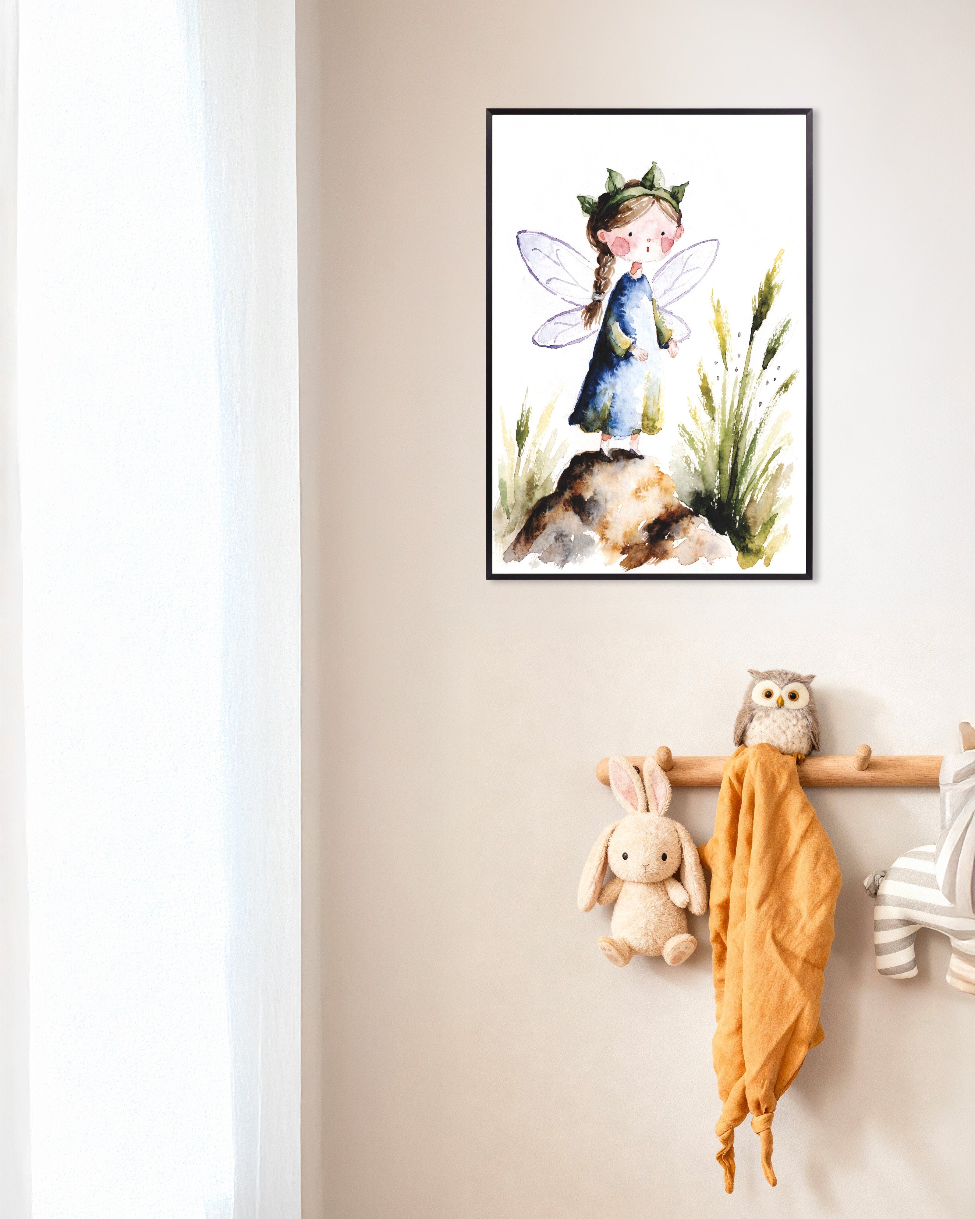 Poster of Leaf-Crowned Fairy in a Blue Dress – Watercolor Poster, with metal frame
