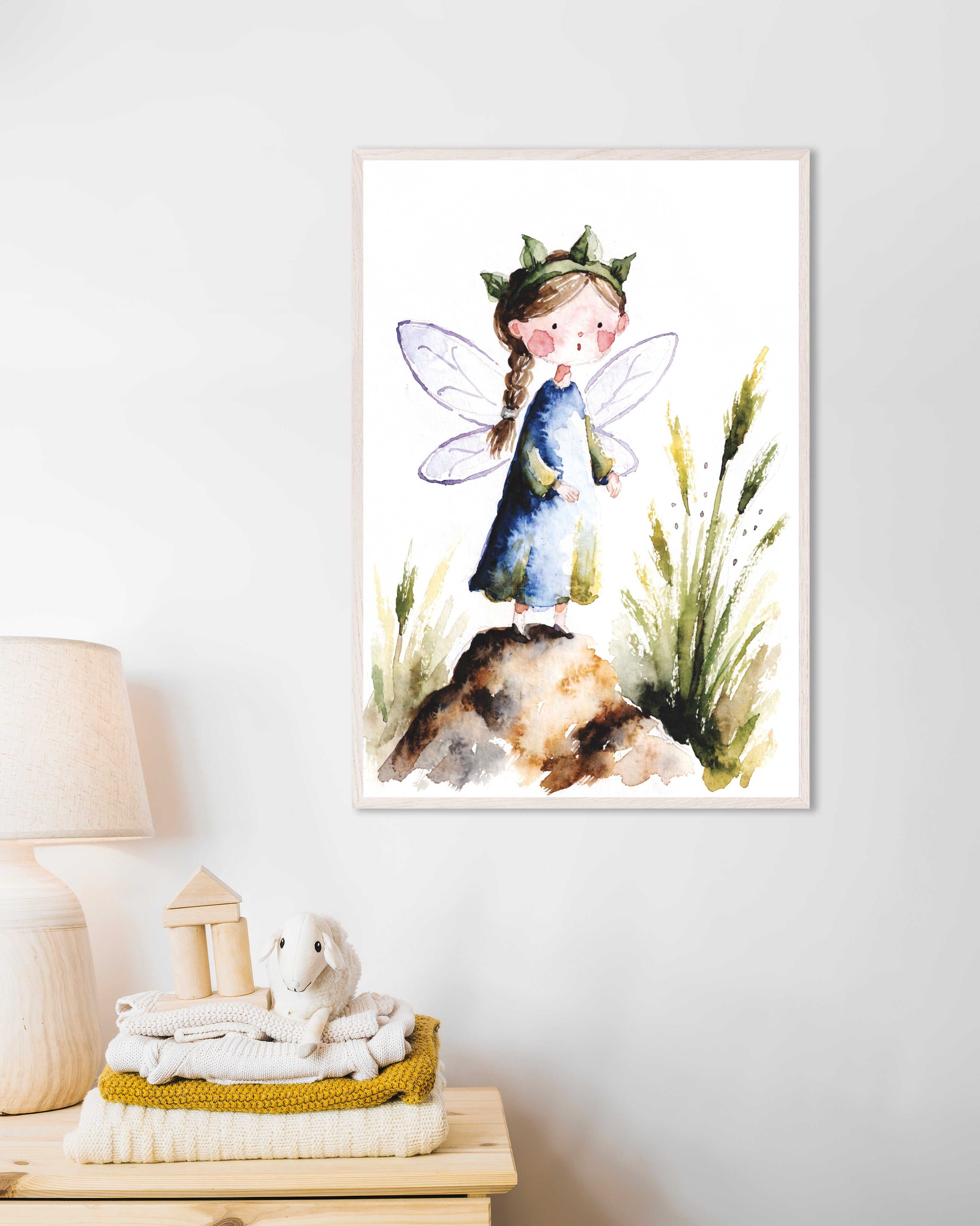 Poster of Leaf-Crowned Fairy in a Blue Dress – Watercolor Poster, with white wooden frame