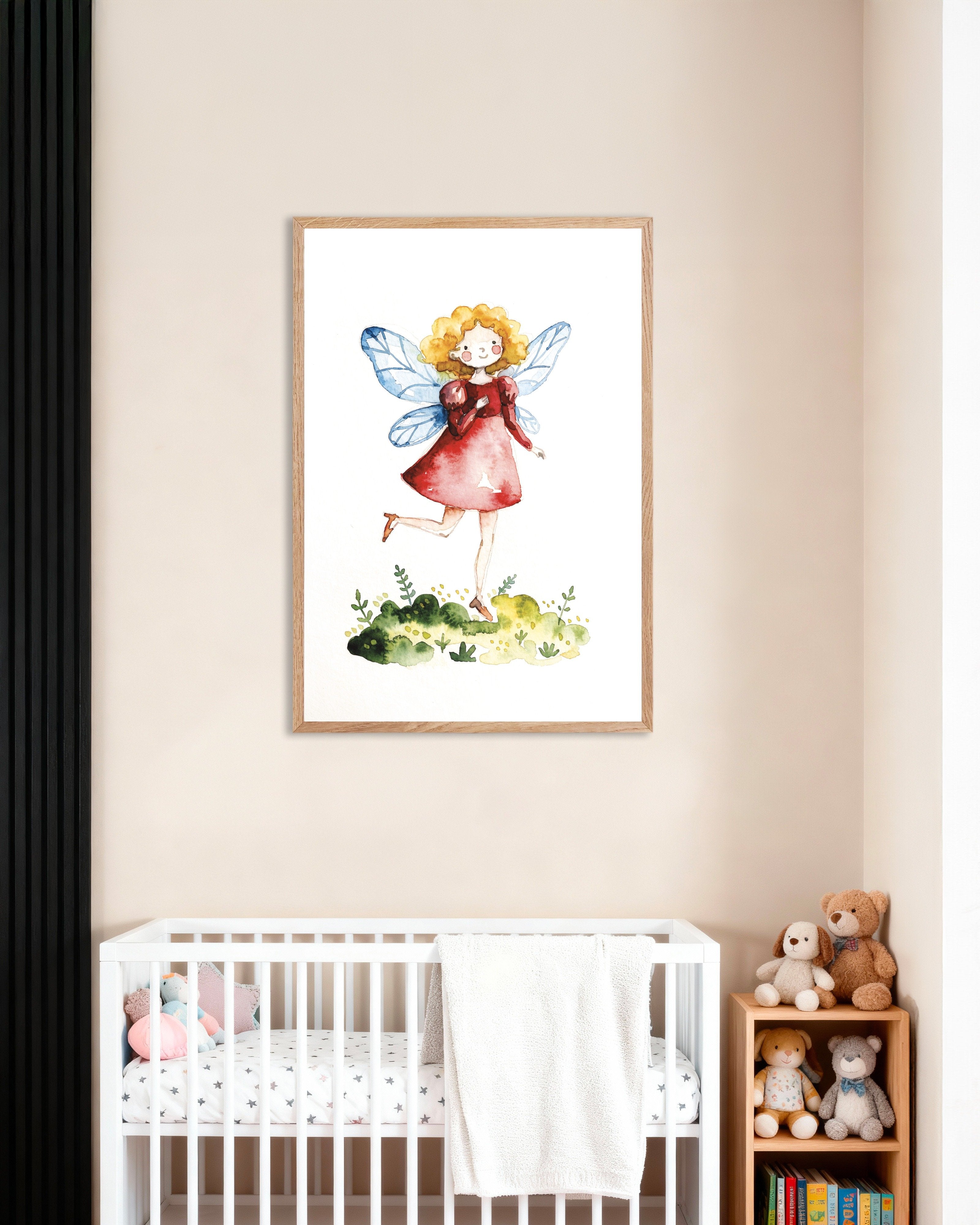 Poster of Little Blonde Fairy in Red Dress Poster, with natural wooden frame