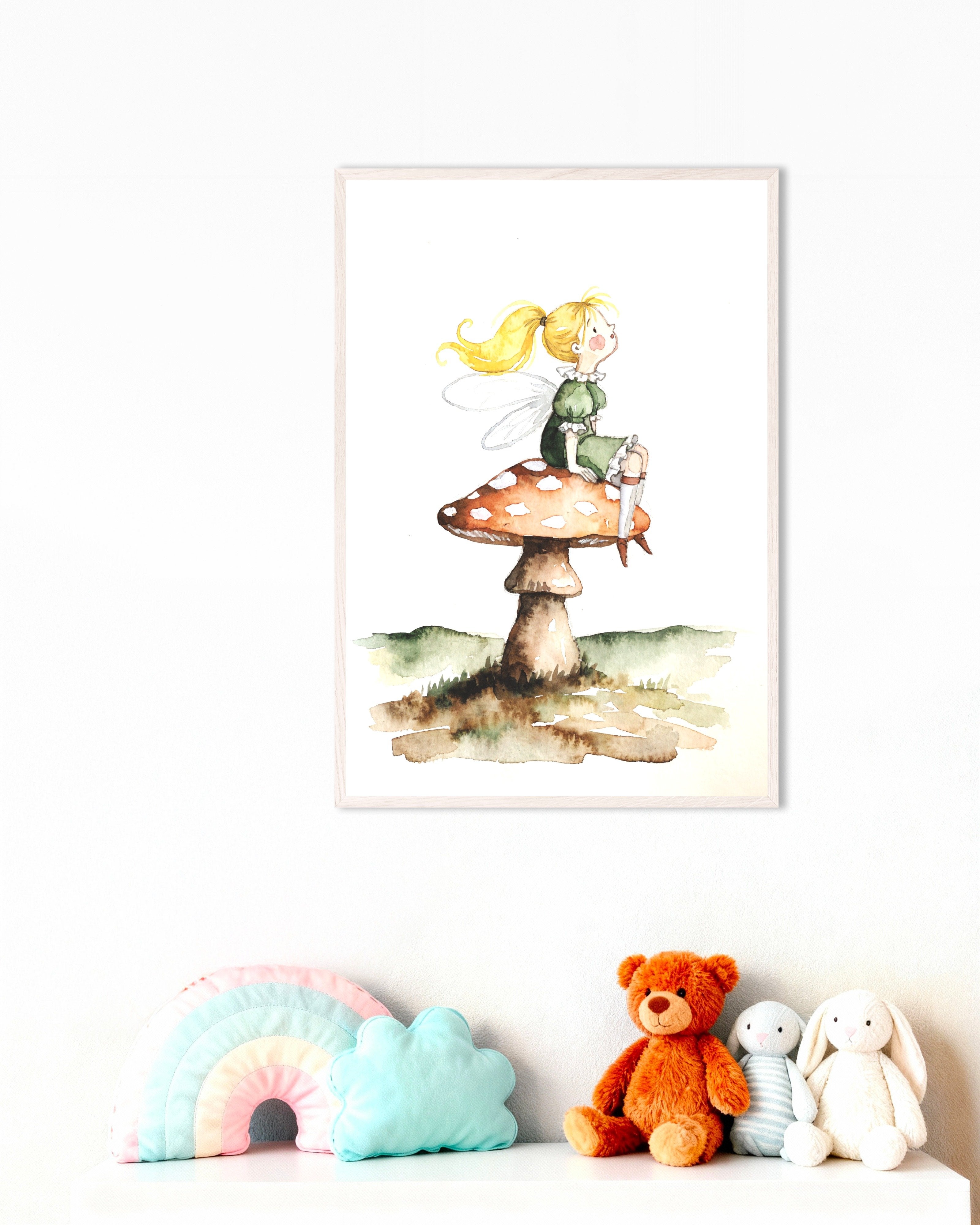 Poster of Little Fairy on a Mushroom - Watercolor Poster, with white wooden frame