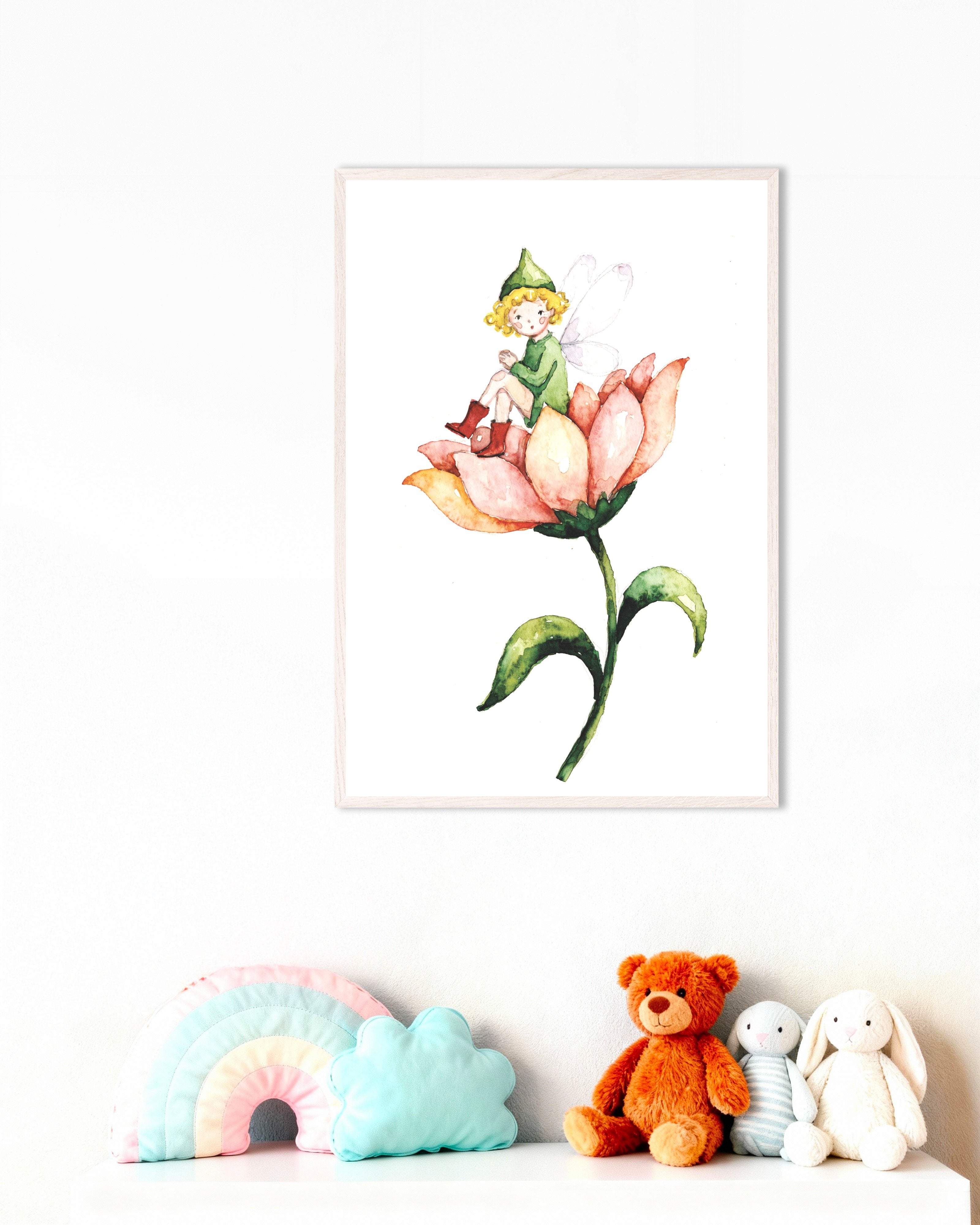 Poster of Little Green Fairy on a Flower Poster, with white wooden frame