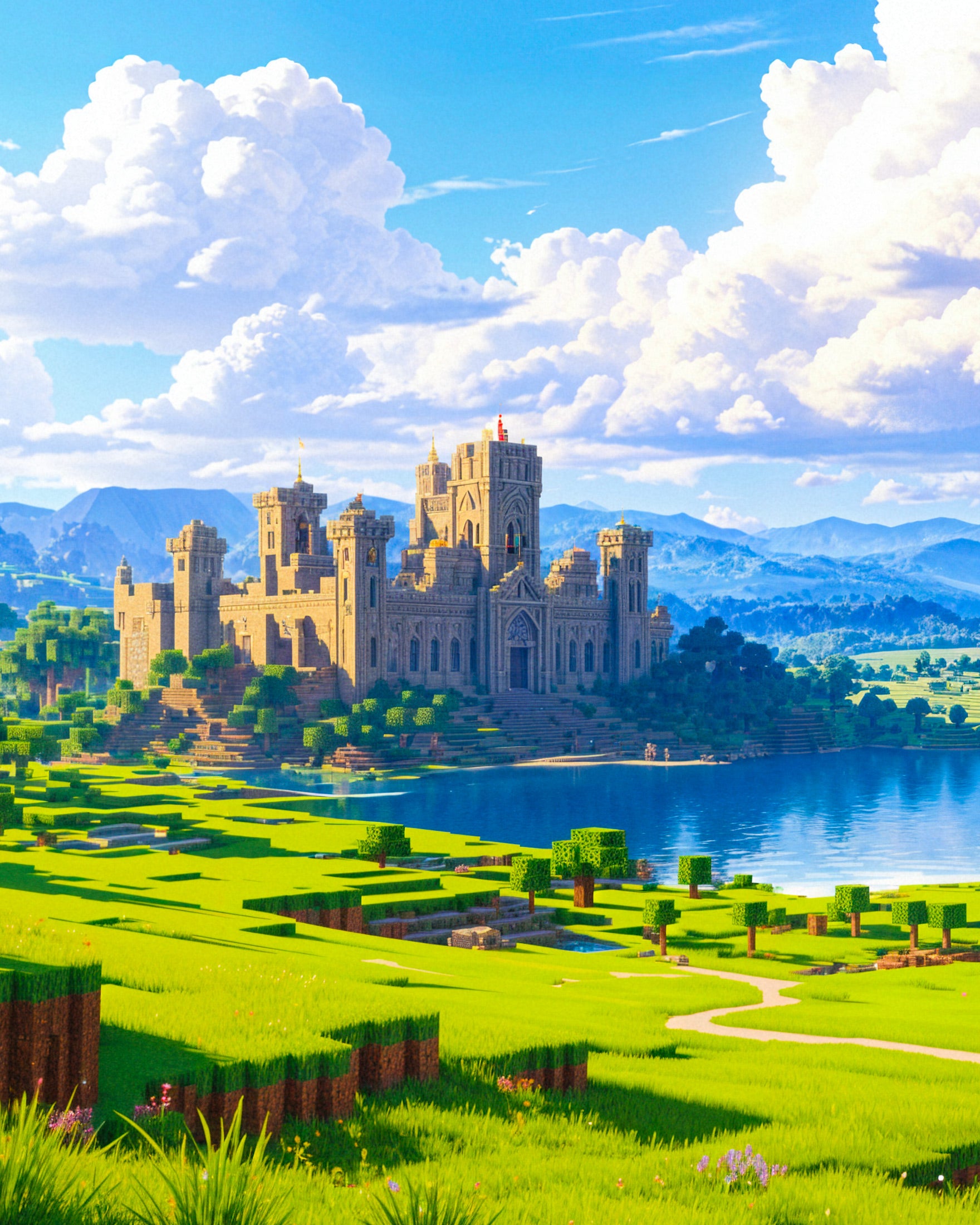 Minecraft, castillo y lago - Póster