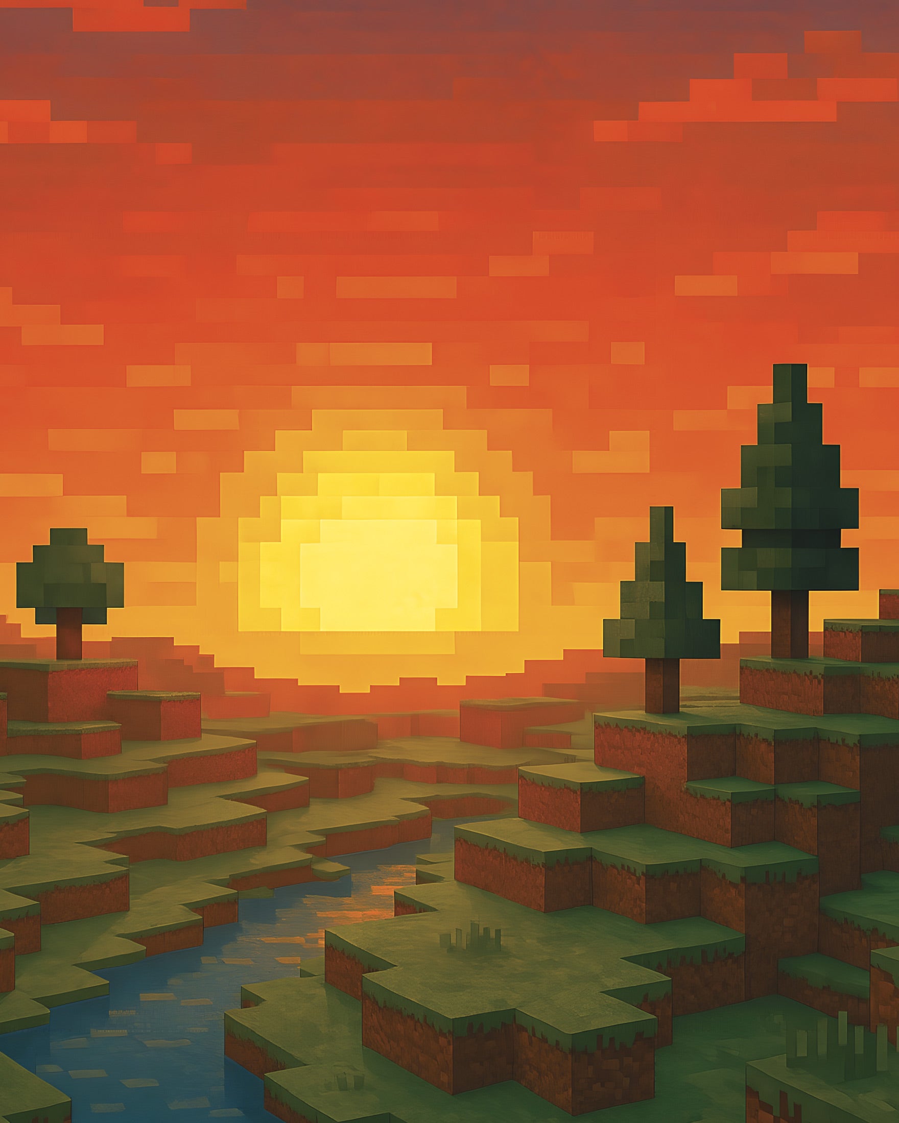 Minecraft Sunset – póster de fan pixel art con río y árboles