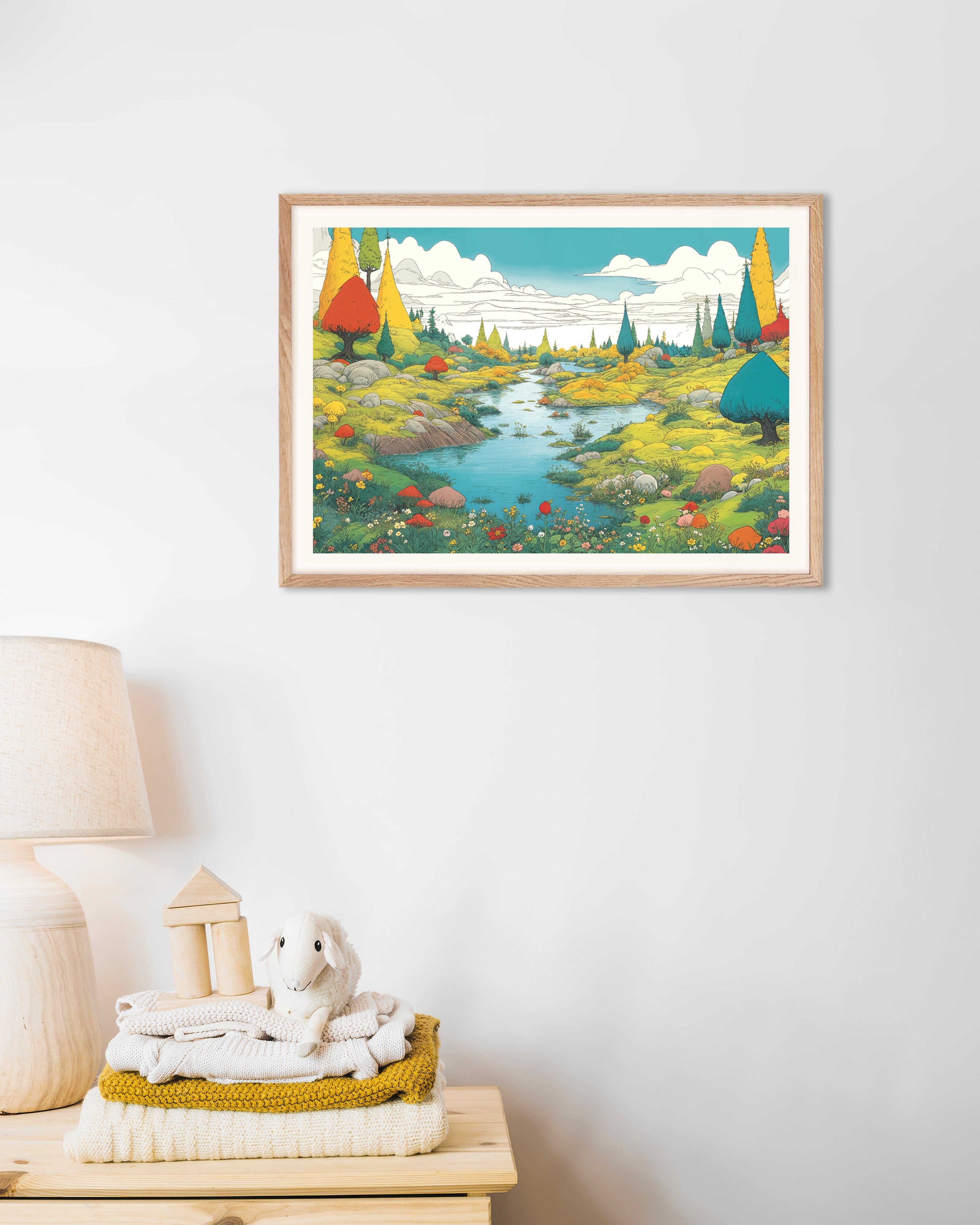 Poster of Moomin inspired bright valley poster, with natural wooden frame