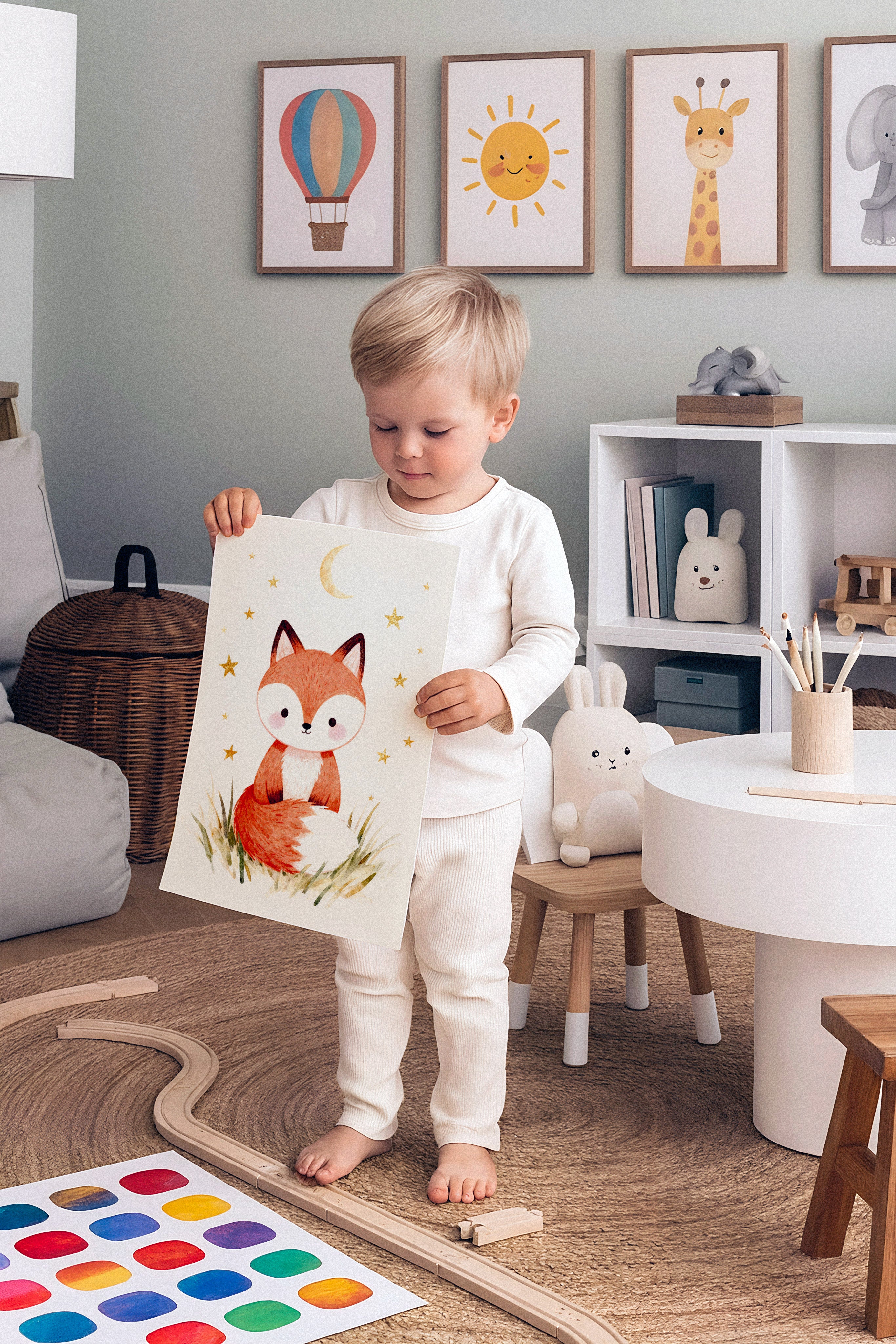 Child holding a painting of a fox in a room with children's decor