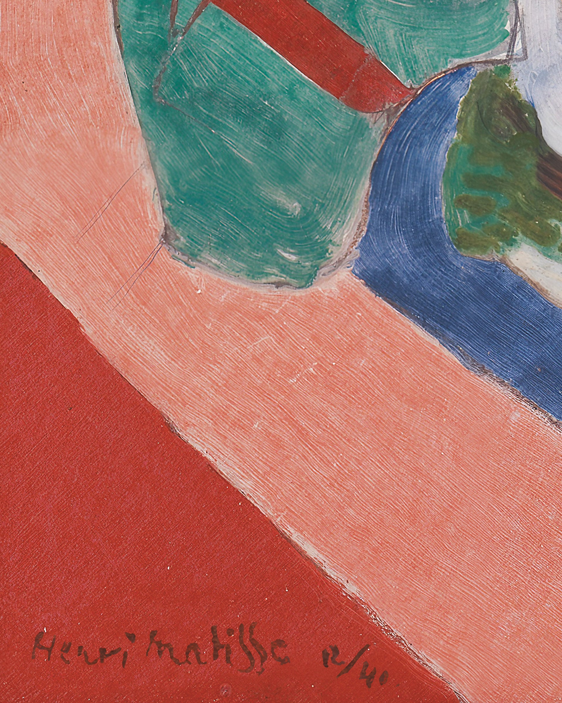 Close-up of an abstract painting with broad diagonal areas of coral pink, deep red, teal green, blue, and small green details, signed "Henri Matisse" in the lower left.