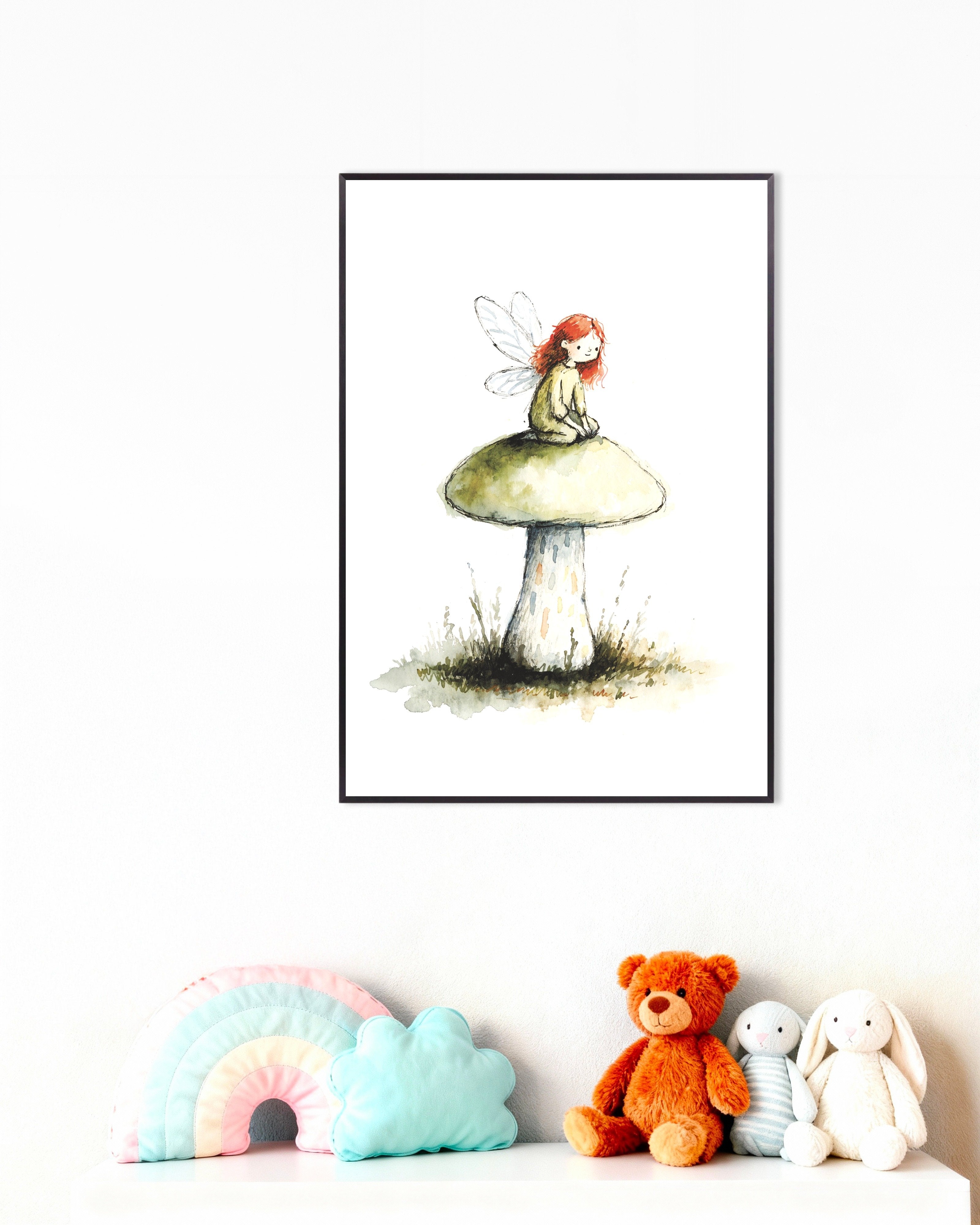 Poster of Red-Haired Fairy on a Mushroom Poster, with metal frame