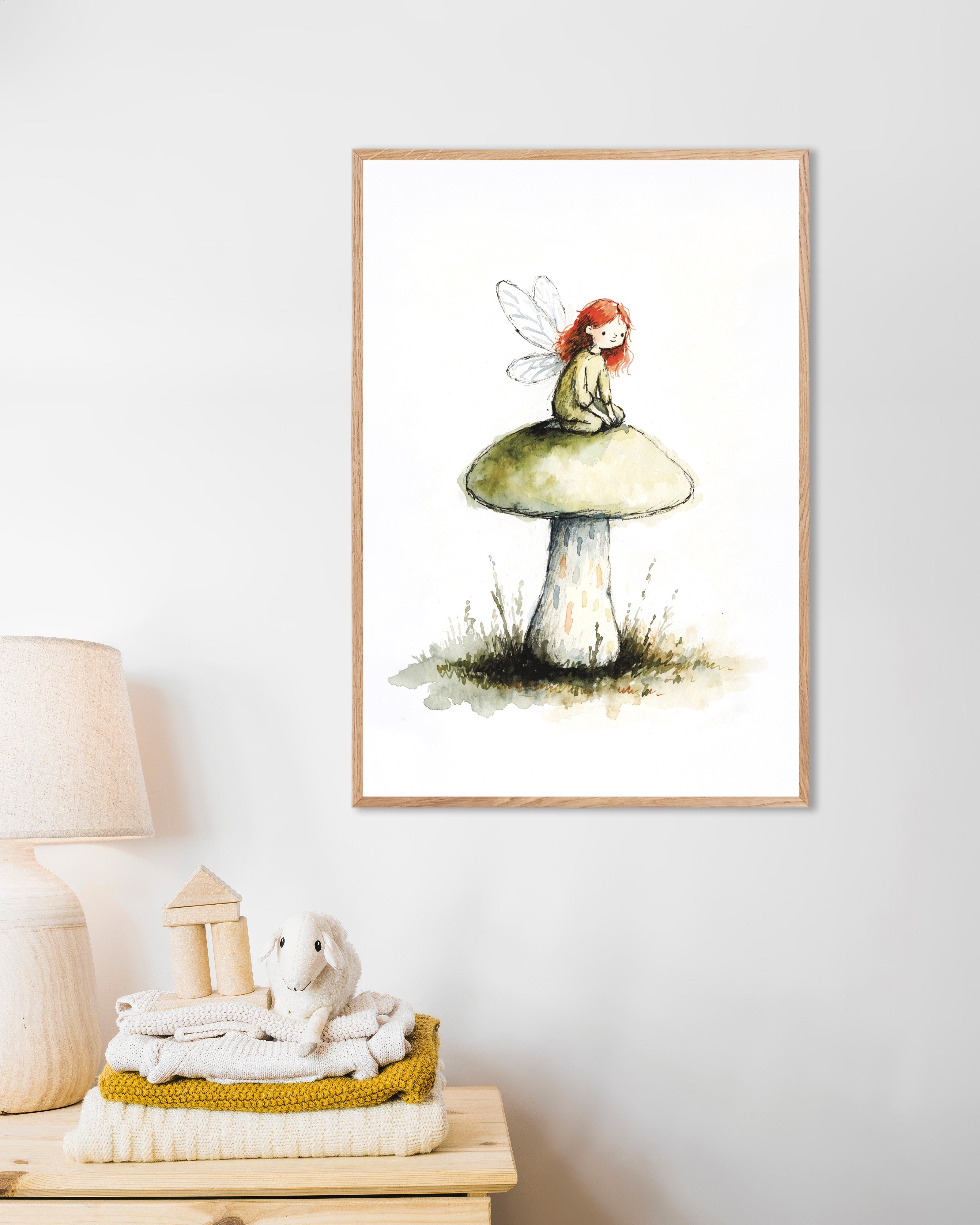 Poster of Red-Haired Fairy on a Mushroom Poster, with natural wooden frame