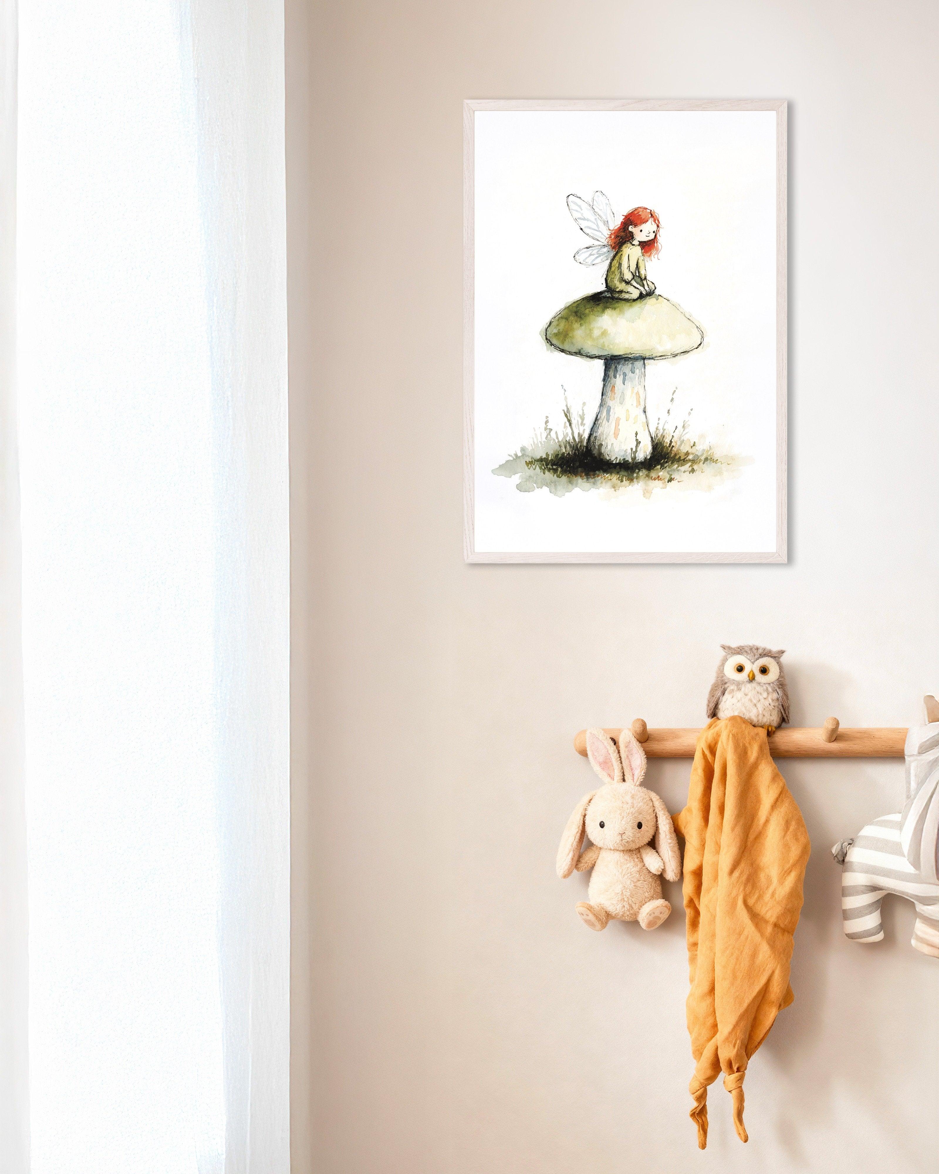 Poster of Red-Haired Fairy on a Mushroom Poster, with white wooden frame