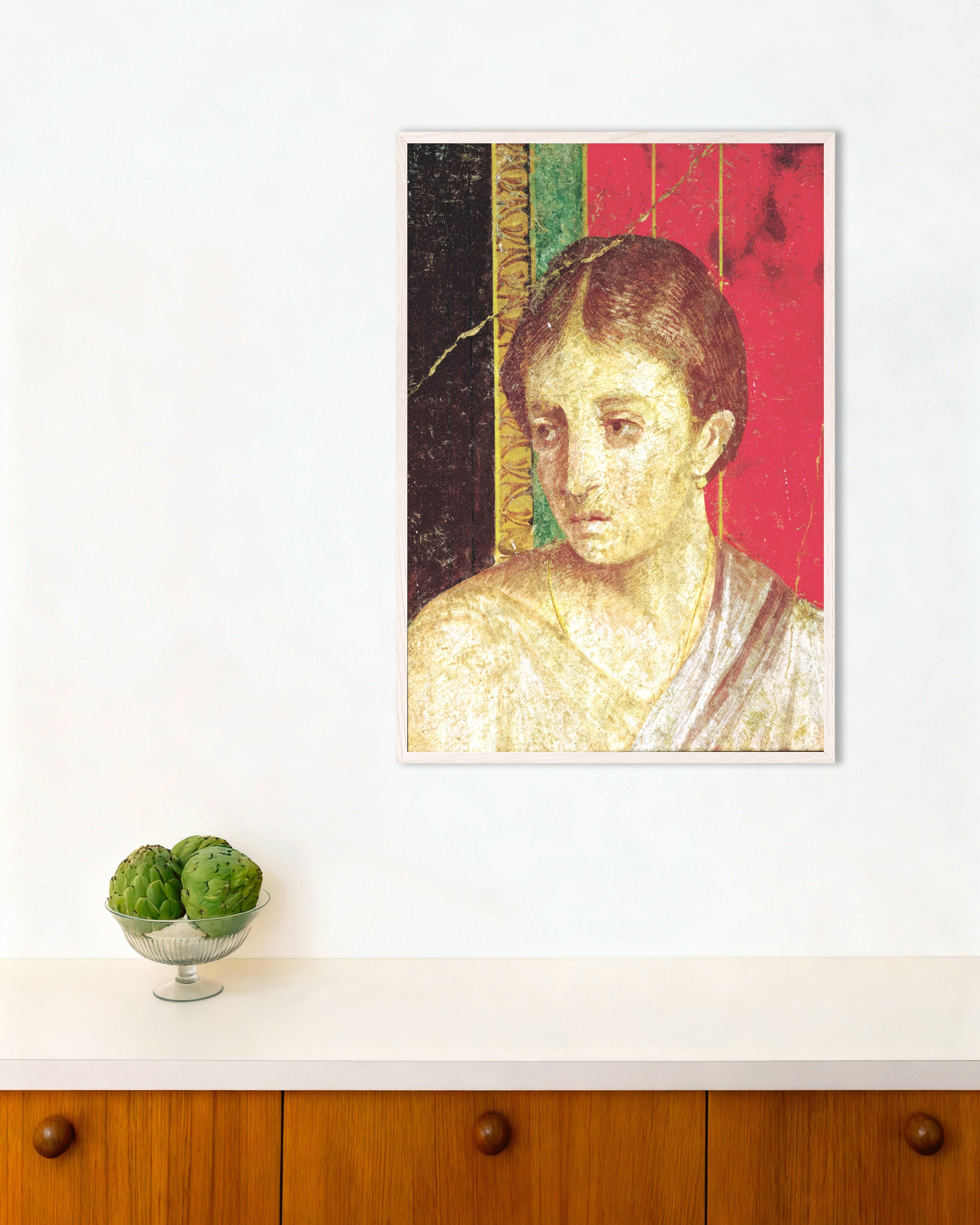 Poster of Seated mother fresco detail poster, with white wooden frame