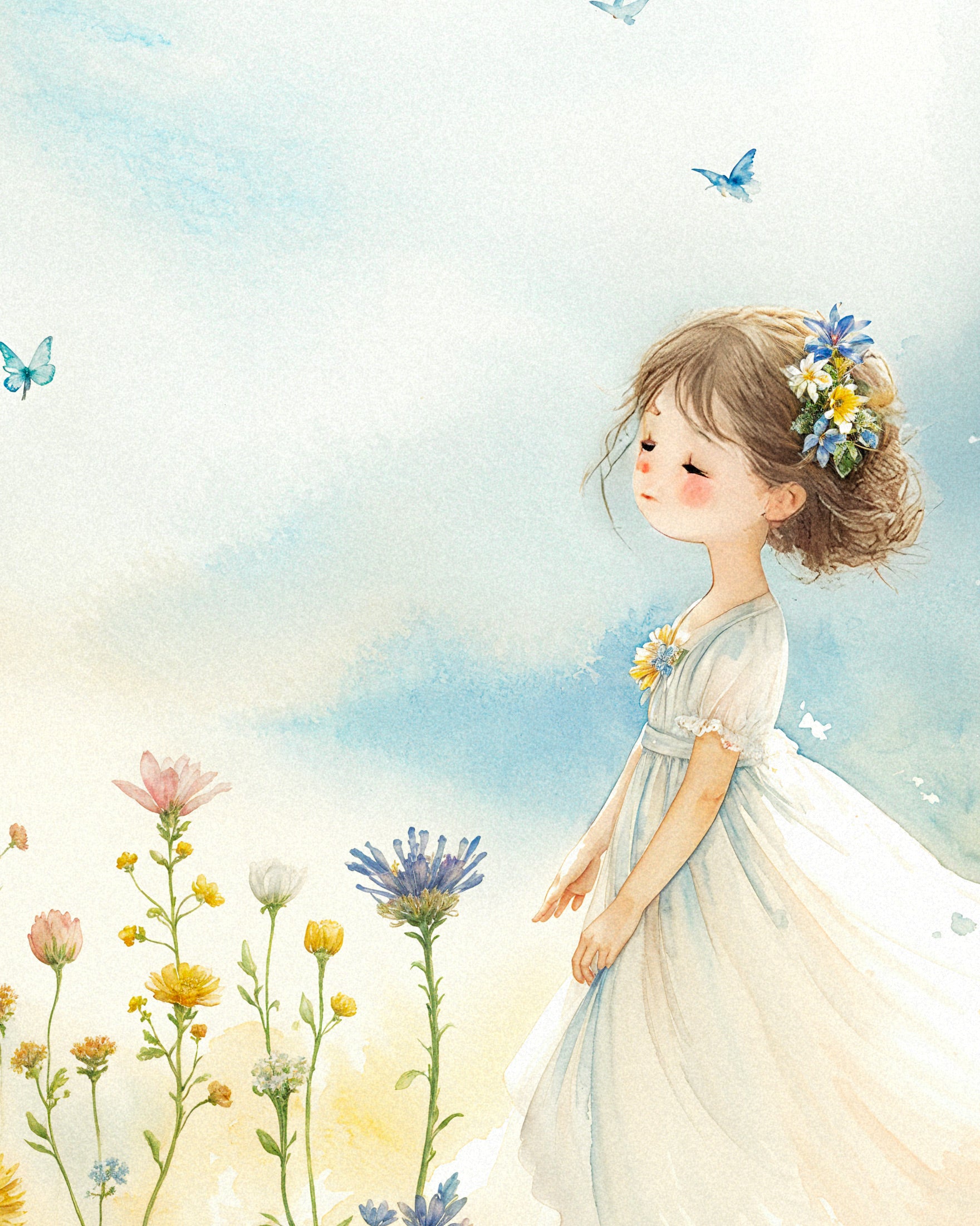 Pintura en acuarela, niña y flores - póster