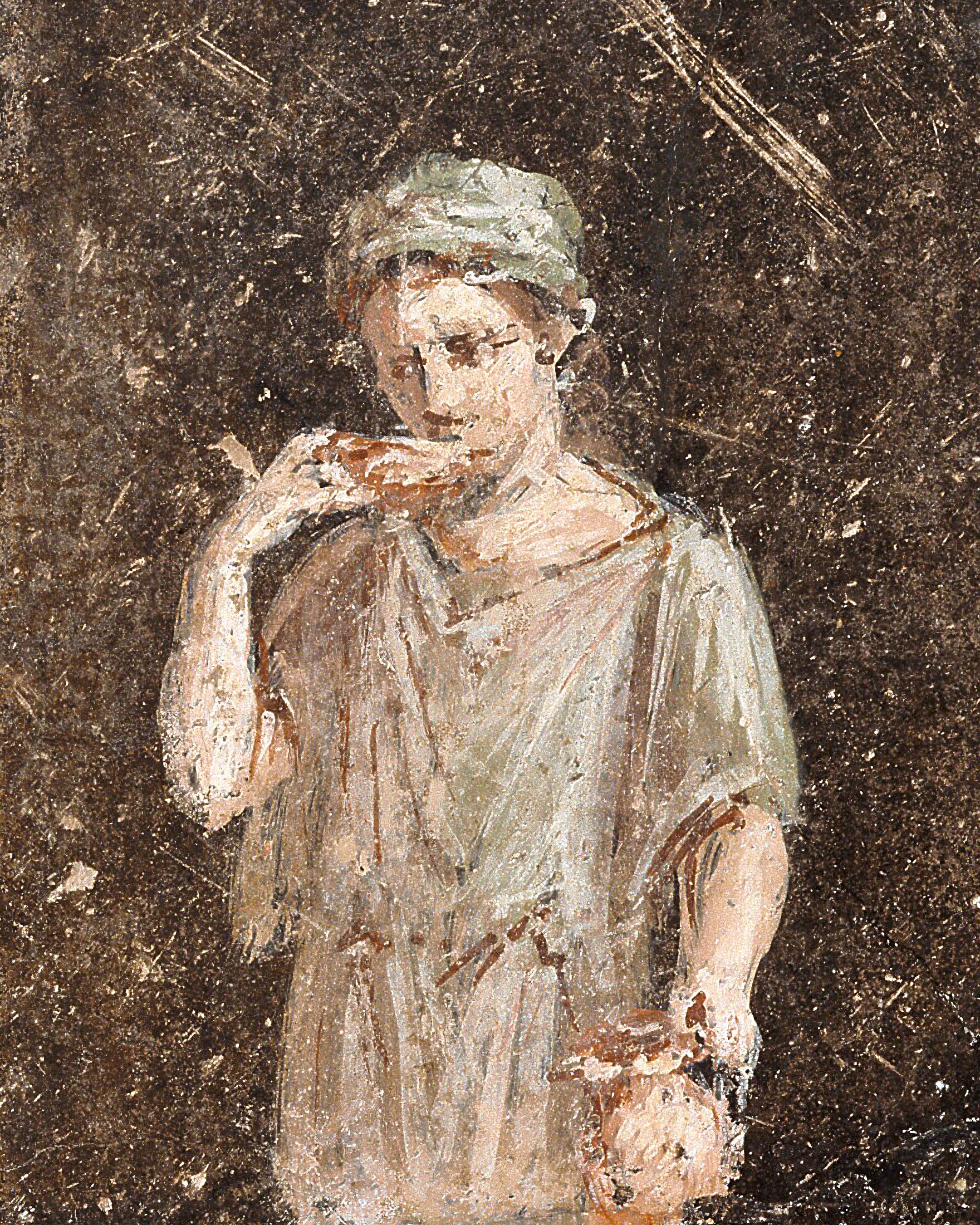 Fragmento de fresco romano Mujer en el balcón - Pintura mural de segundo estilo Póster