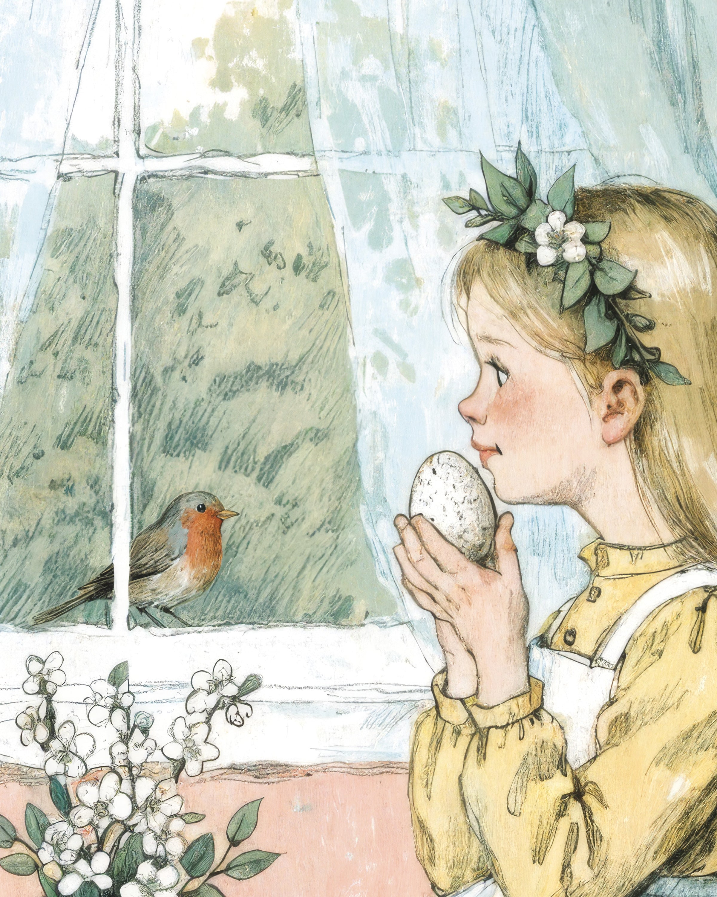Póster Mañana de Pascua junto a la Ventana: Niña, Conejo y Petirrojo