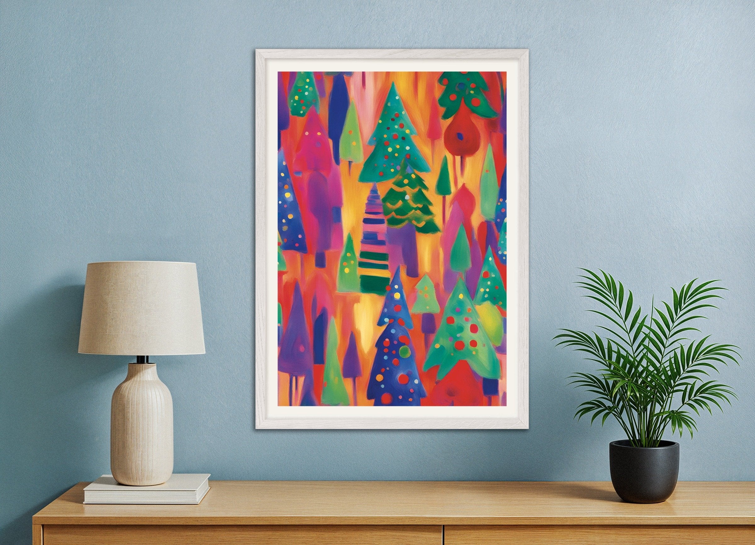 Poster of Colorful Christmas forest poster, with white wooden frame