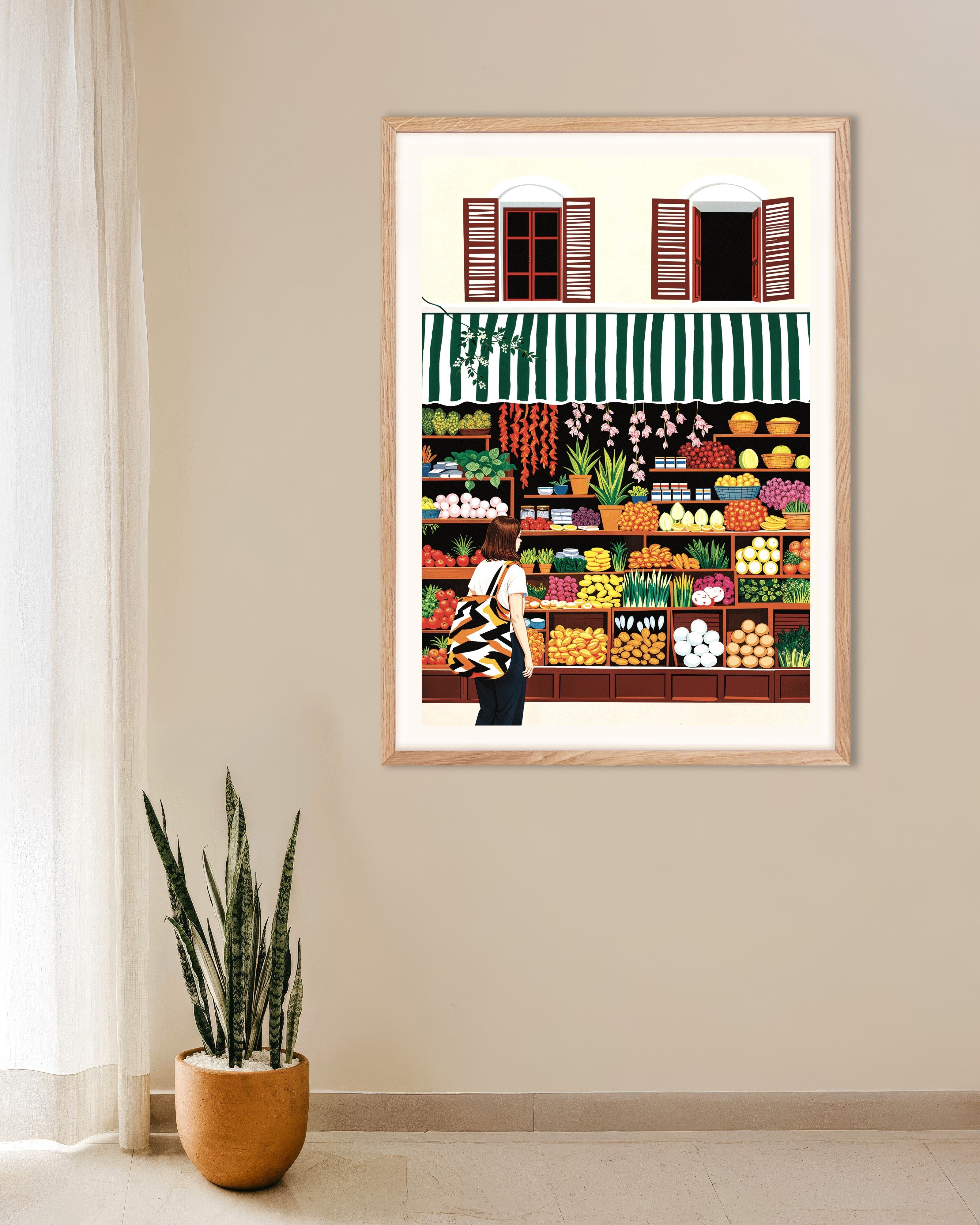 Poster of Groceries, fruits, vegetables and flowers - Poster, with natural wooden frame