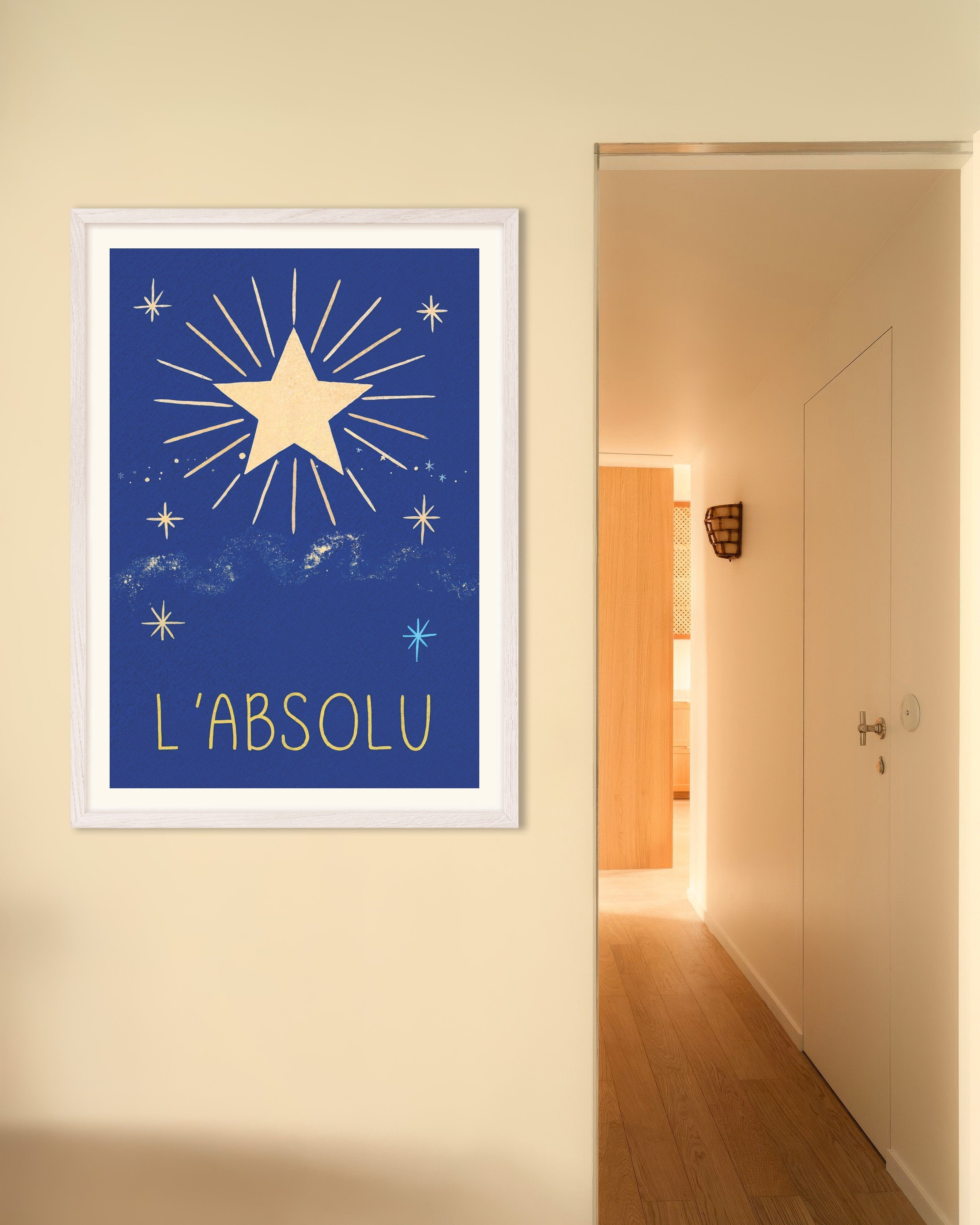 Poster of L'Absolu - Celestial French Typography Poster, with white wooden frame