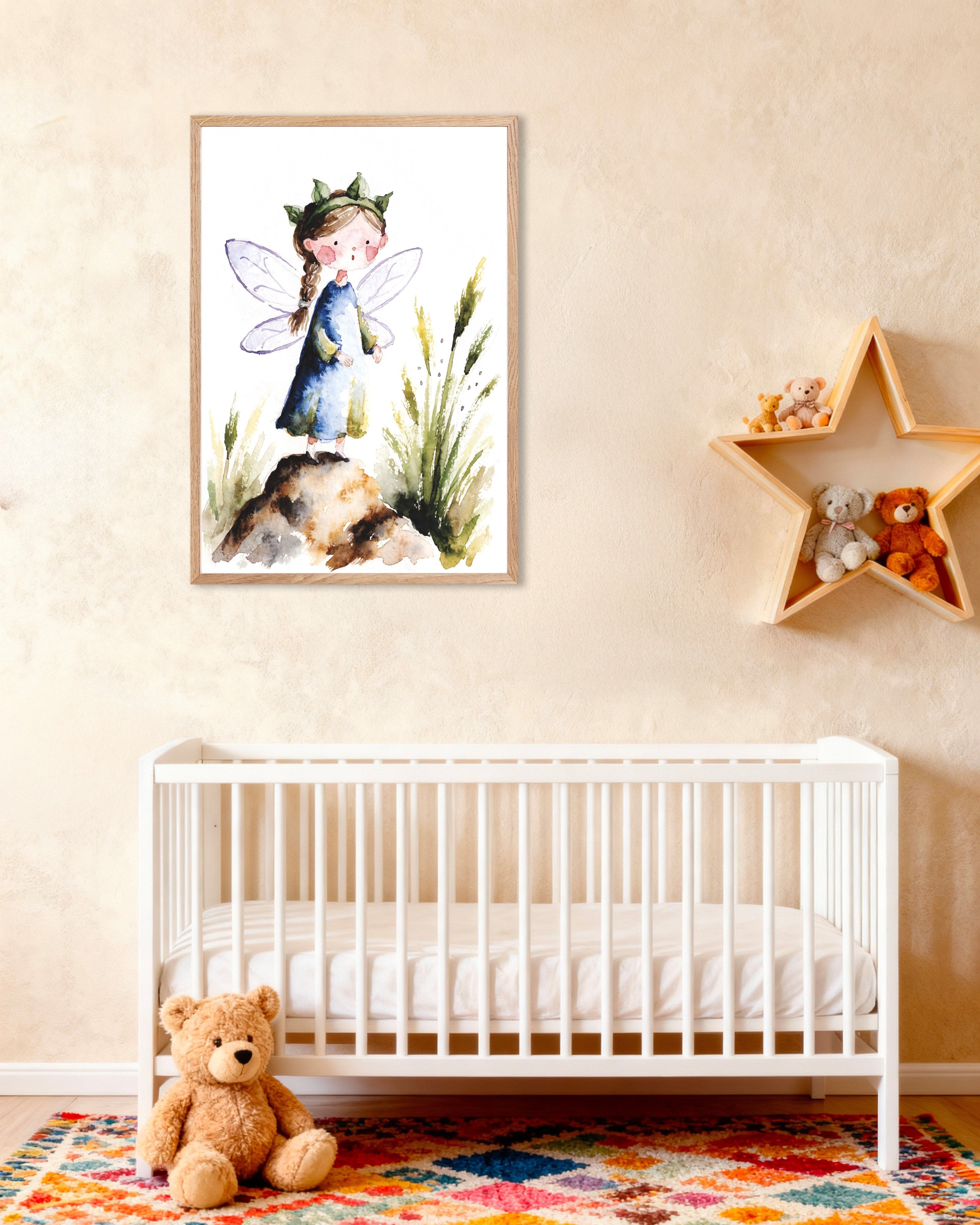 Poster of Leaf-Crowned Fairy in a Blue Dress – Watercolor Poster, with natural wooden frame