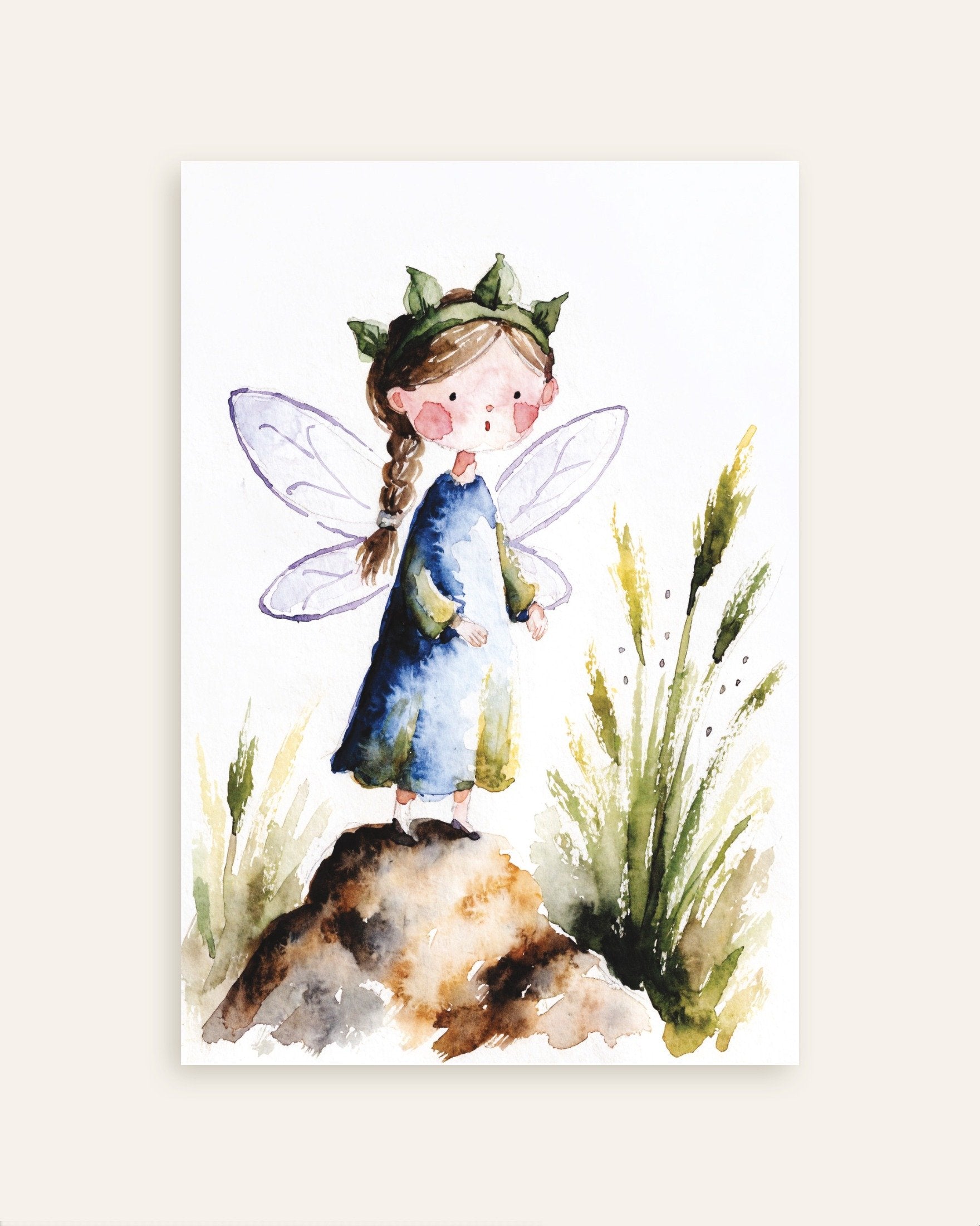 Poster of Leaf-Crowned Fairy in a Blue Dress – Watercolor Poster, thumbnail