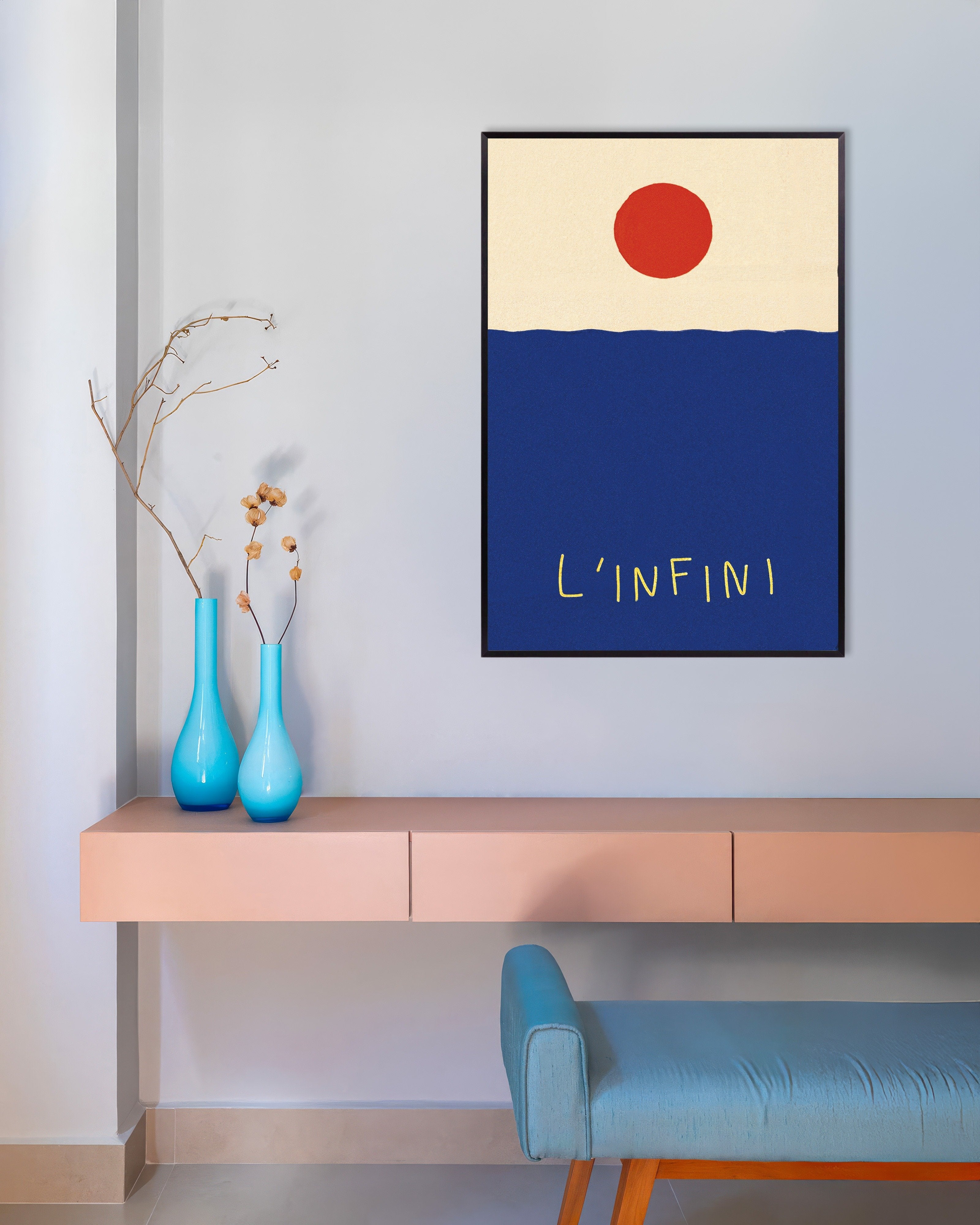 Poster of L’Infini: Red Sun Over Blue Sea Poster, with metal frame