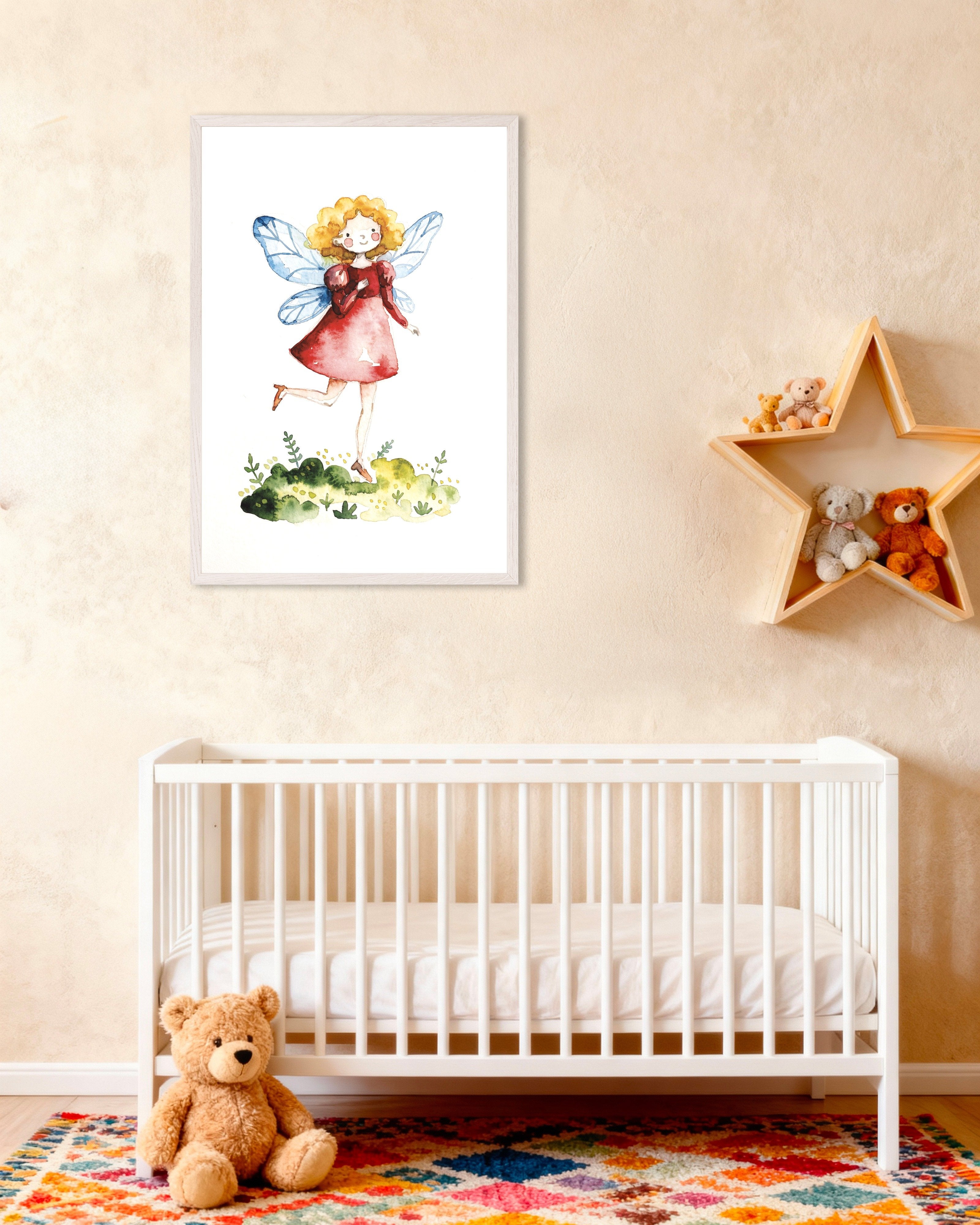 Poster of Little Blonde Fairy in Red Dress Poster, with white wooden frame