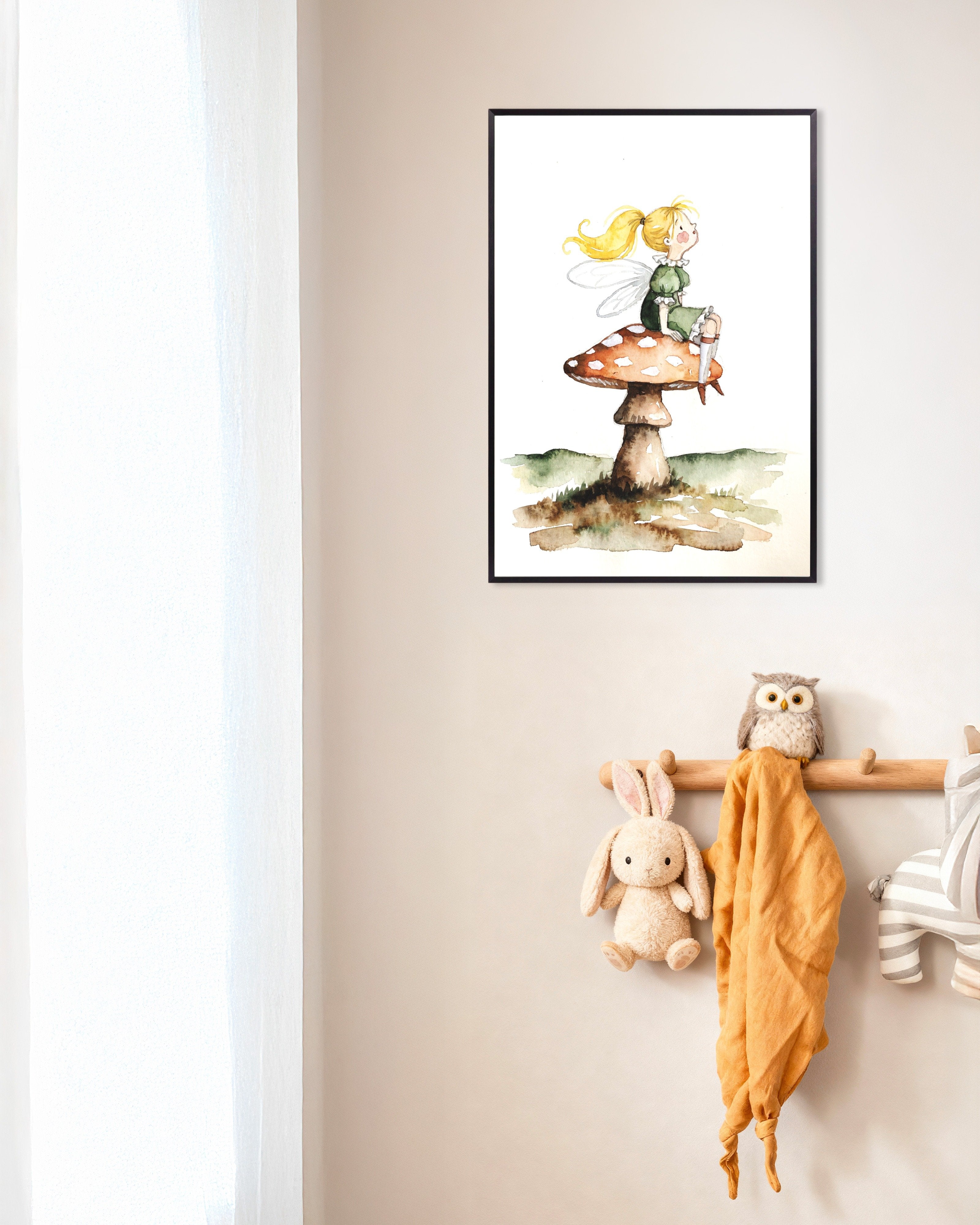 Poster of Little Fairy on a Mushroom - Watercolor Poster, with metal frame