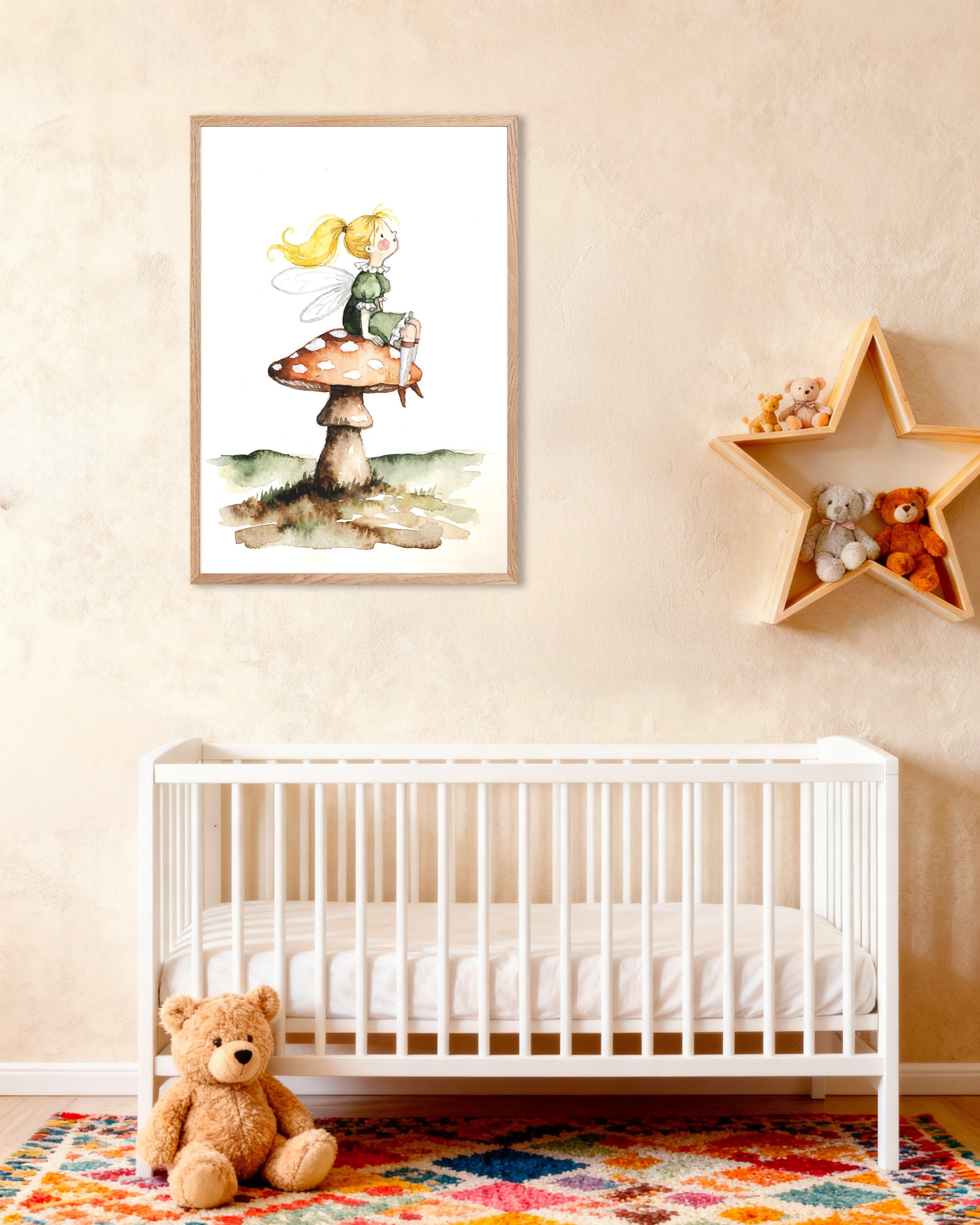 Poster of Little Fairy on a Mushroom - Watercolor Poster, with natural wooden frame