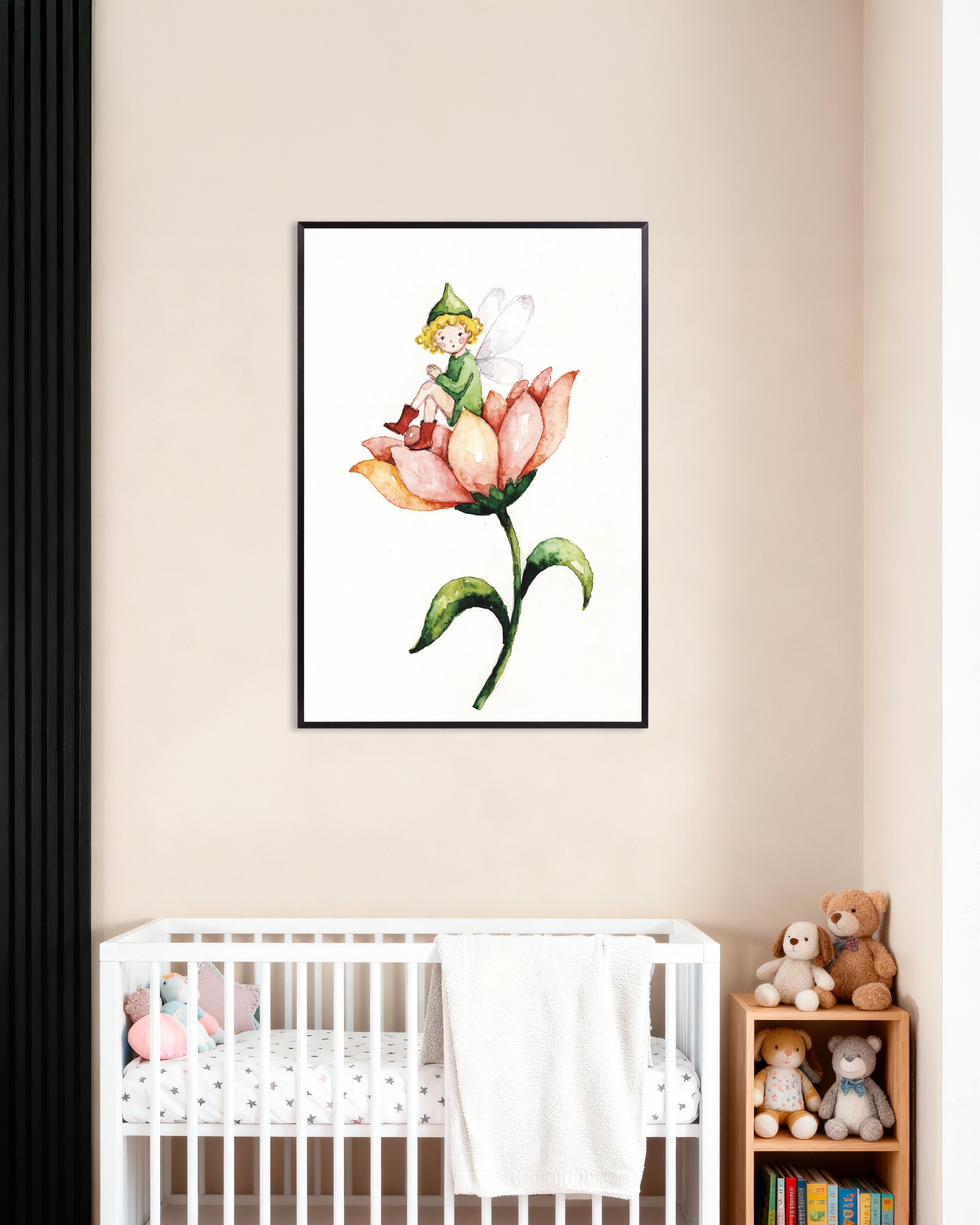 Poster of Little Green Fairy on a Flower Poster, with metal frame