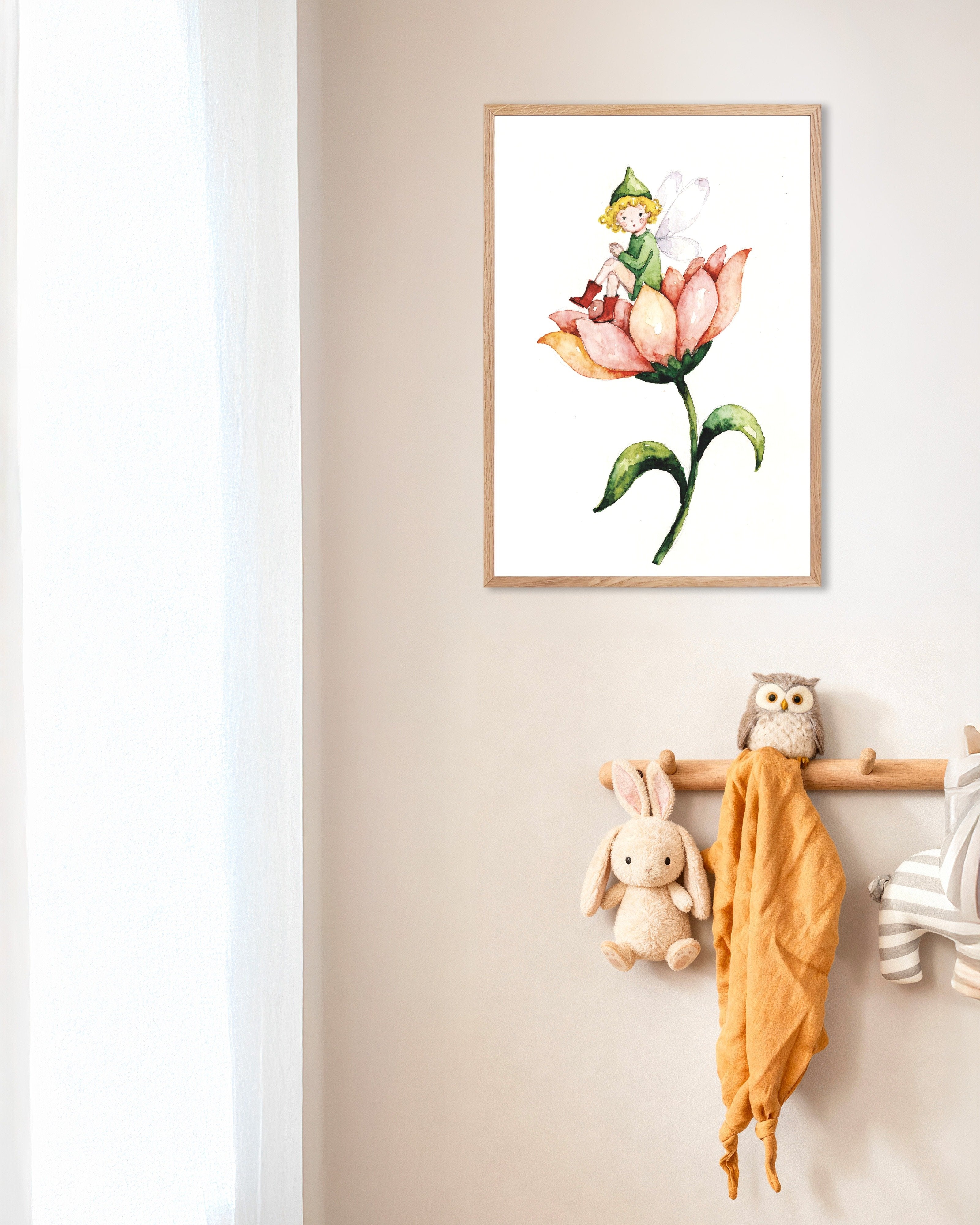 Poster of Little Green Fairy on a Flower Poster, with natural wooden frame
