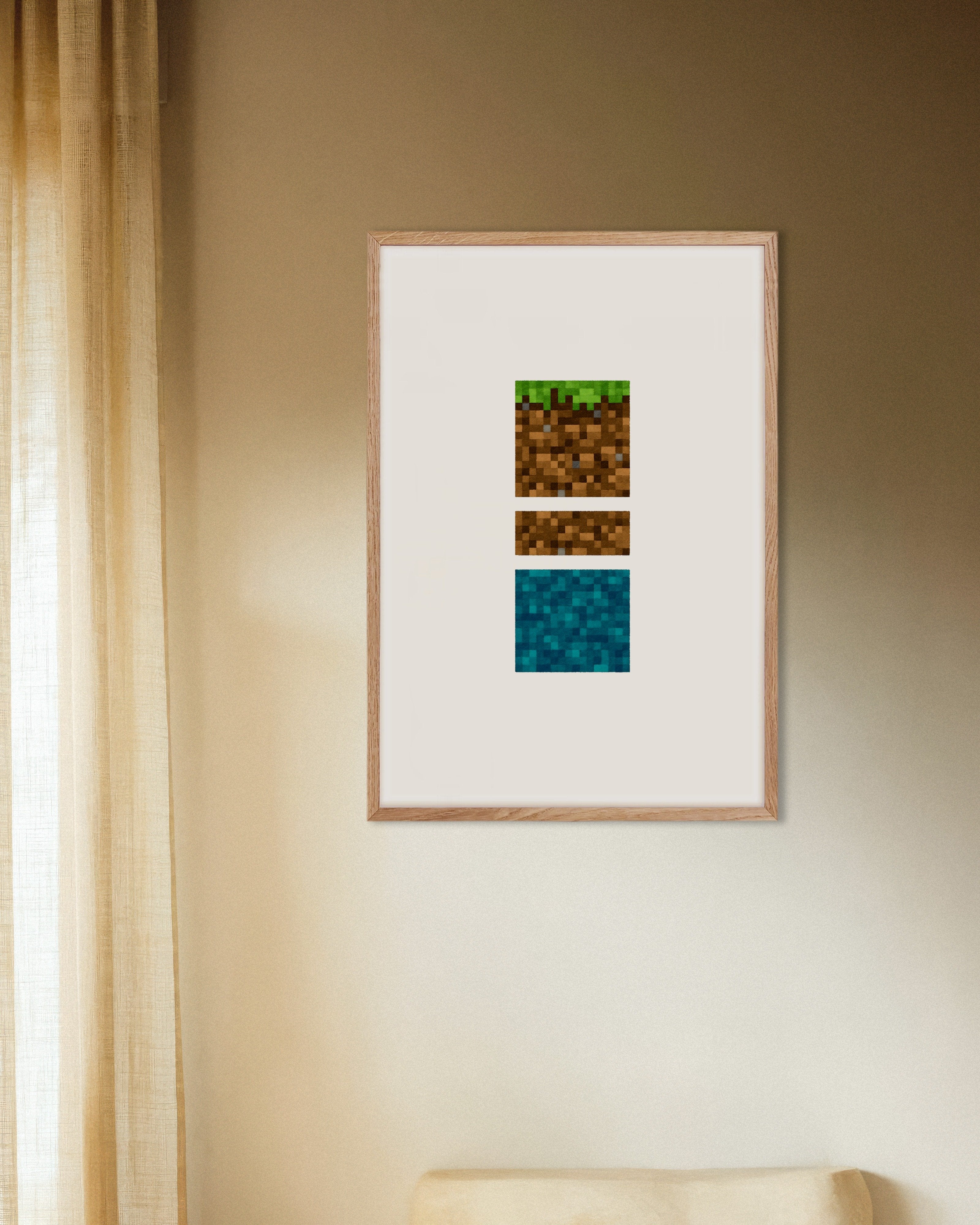 Poster of Minecraft Blocks Trio – grass, dirt, and water poster, with natural wooden frame