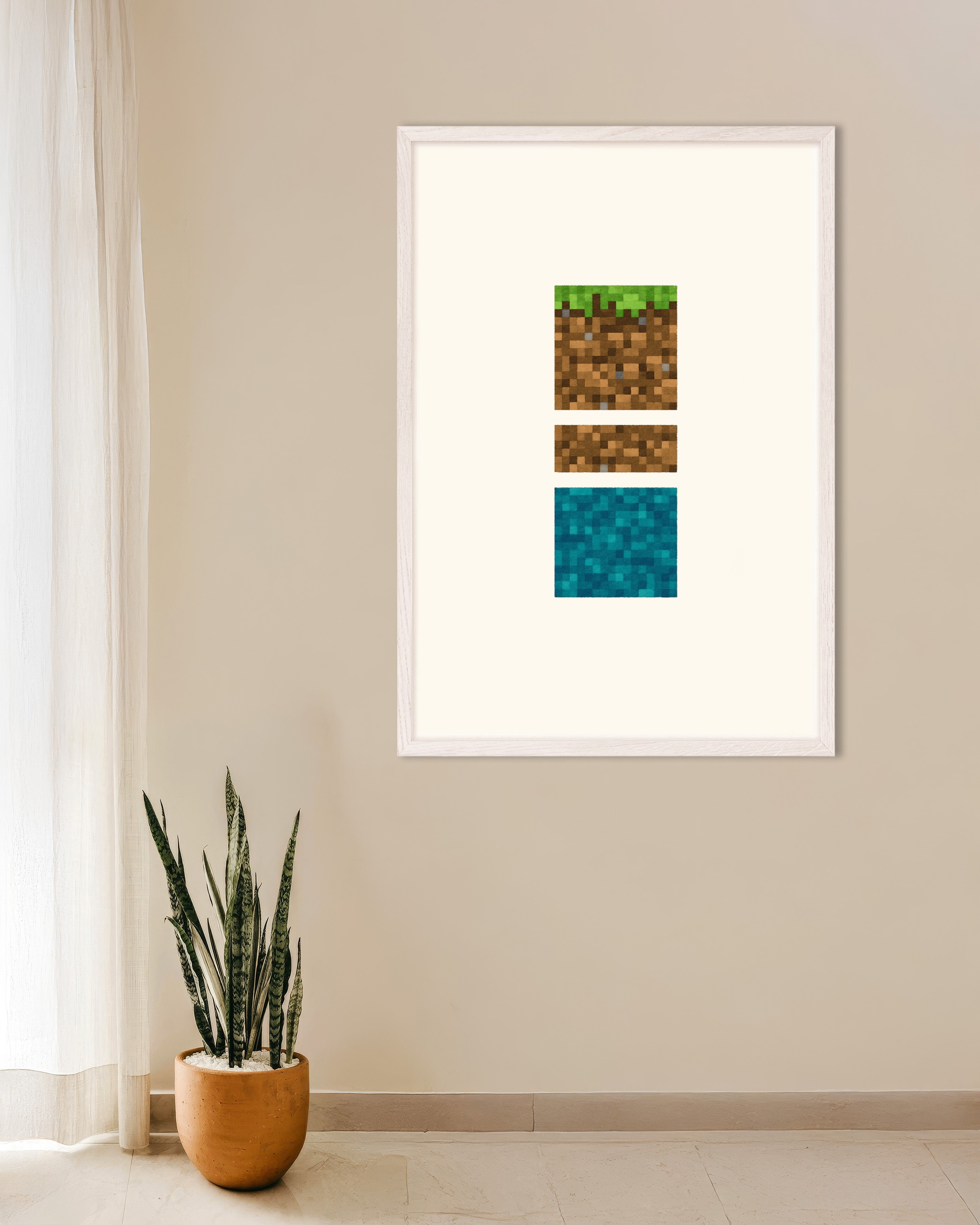 Poster of Minecraft Blocks Trio – grass, dirt, and water poster, with white wooden frame