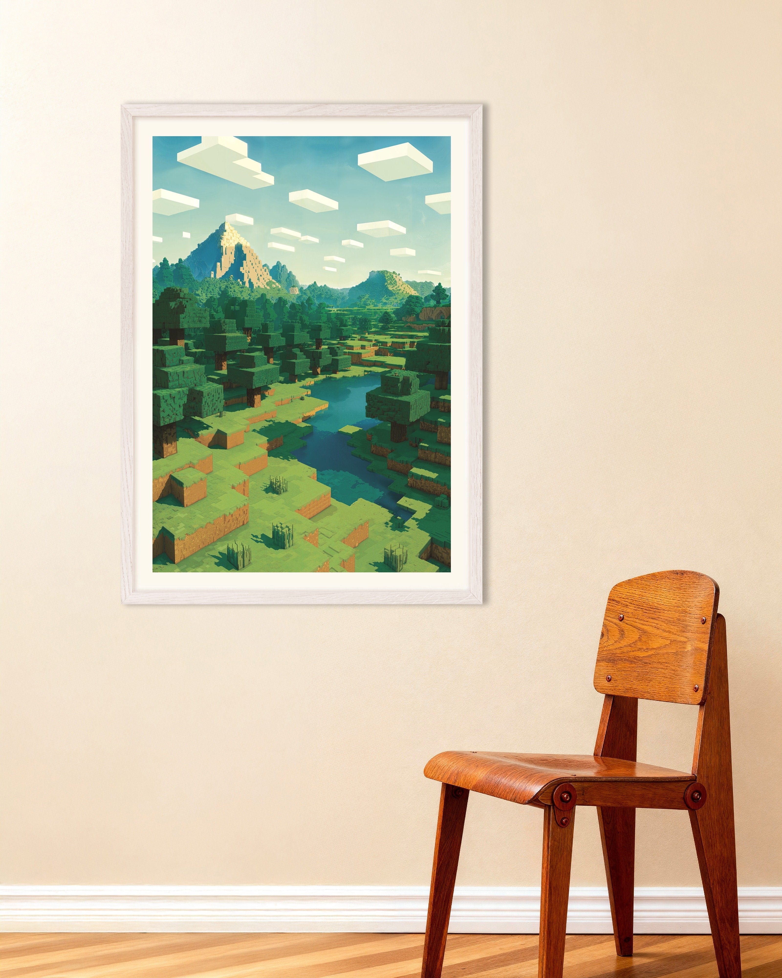Poster of Minecraft Mountain Landscape – pixel art fan poster, with white wooden frame