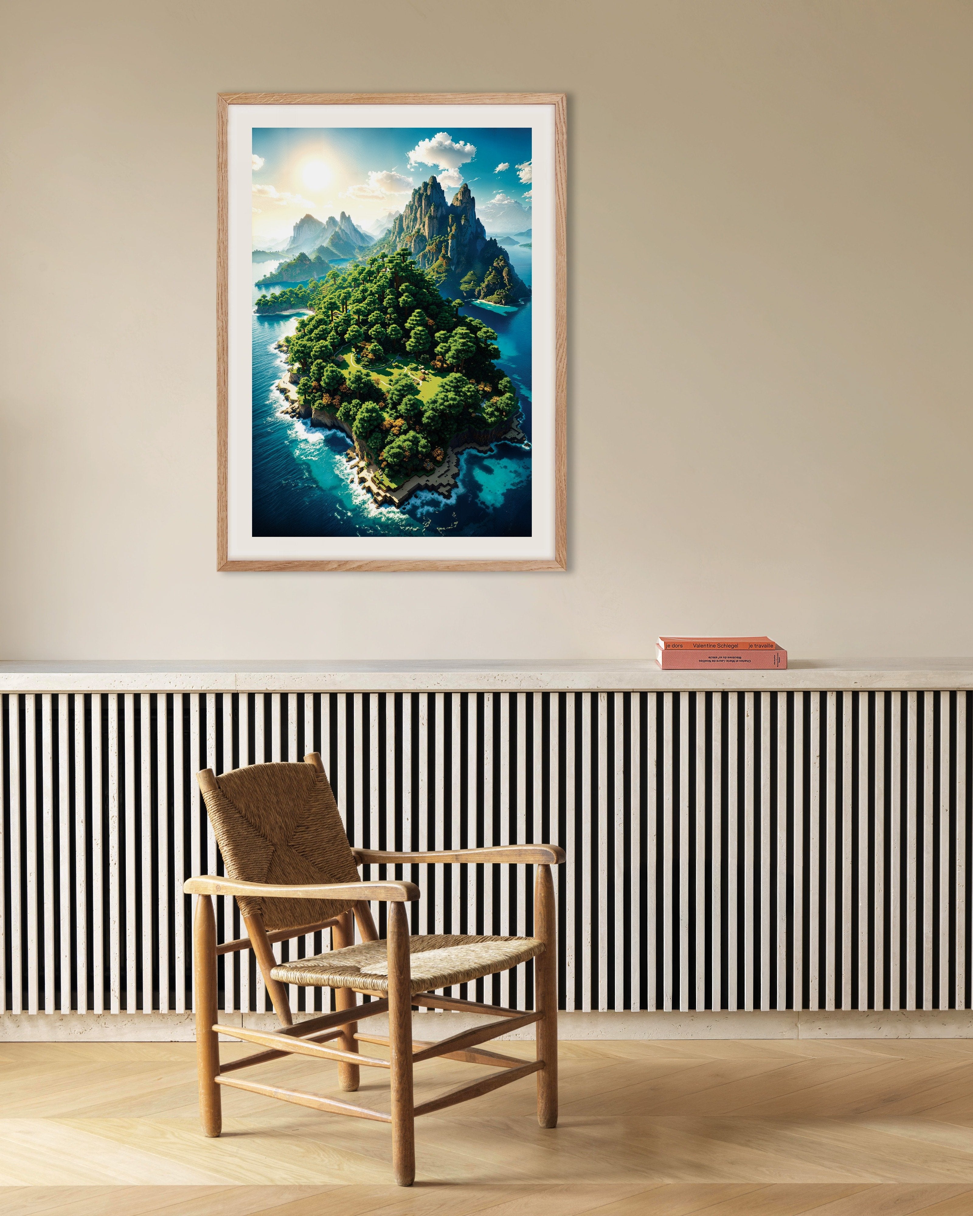 Poster of Pixel Island – Fantasy Landscape Poster, with natural wooden frame