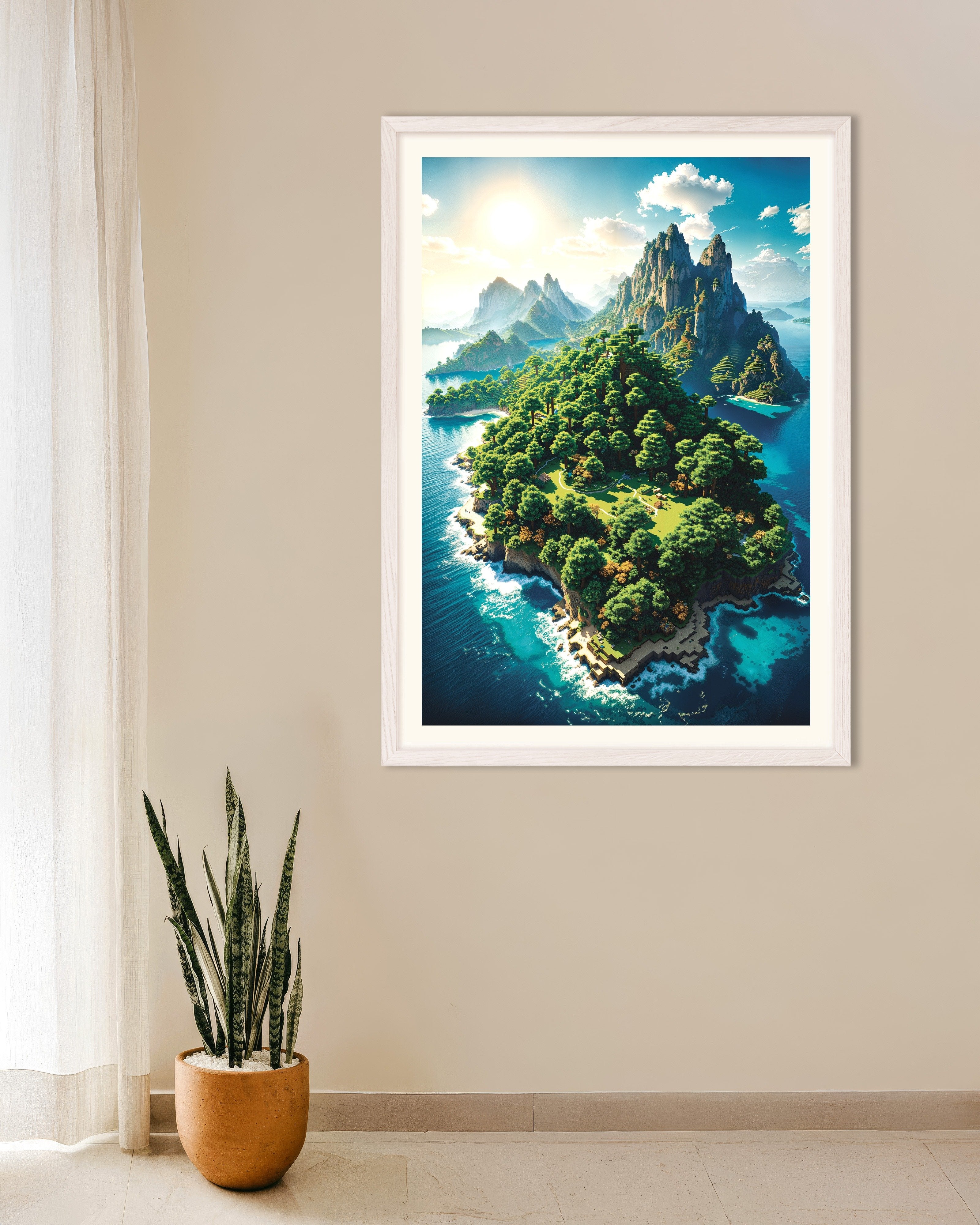 Poster of Pixel Island – Fantasy Landscape Poster, with white wooden frame