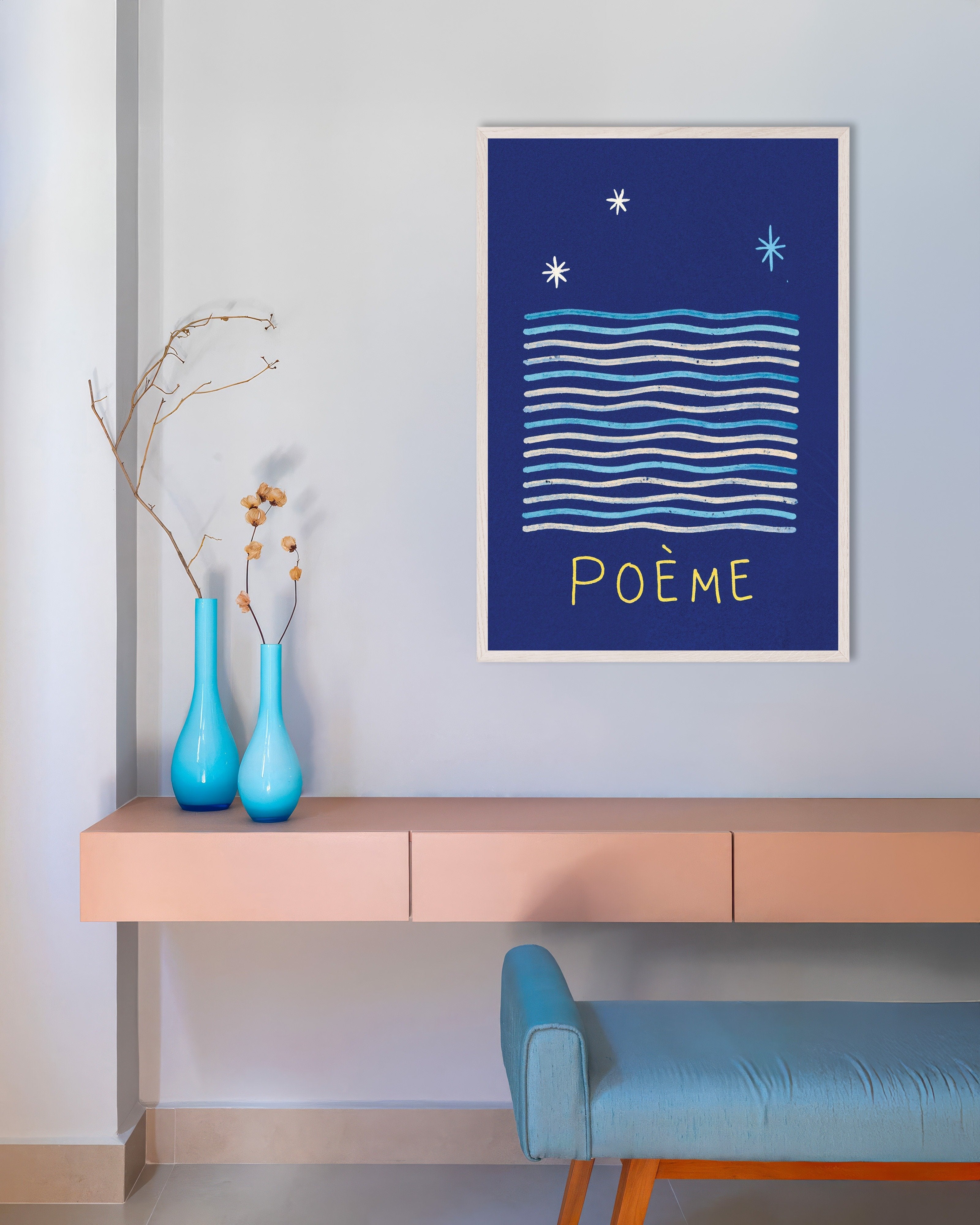 Poster of Poème - Night Waves Poster, with white wooden frame