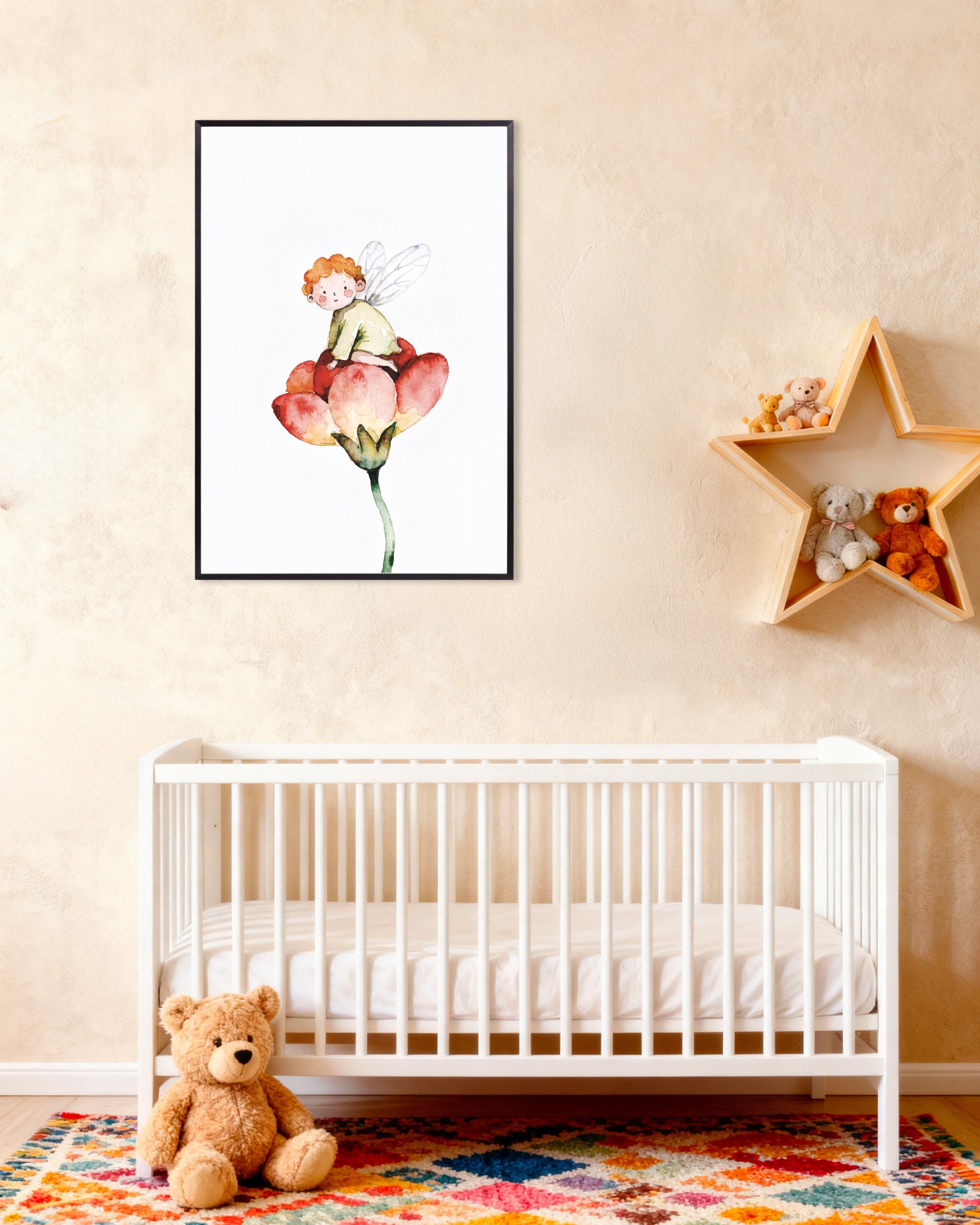 Poster of Red-Haired Fairy on a Tulip Poster, with metal frame