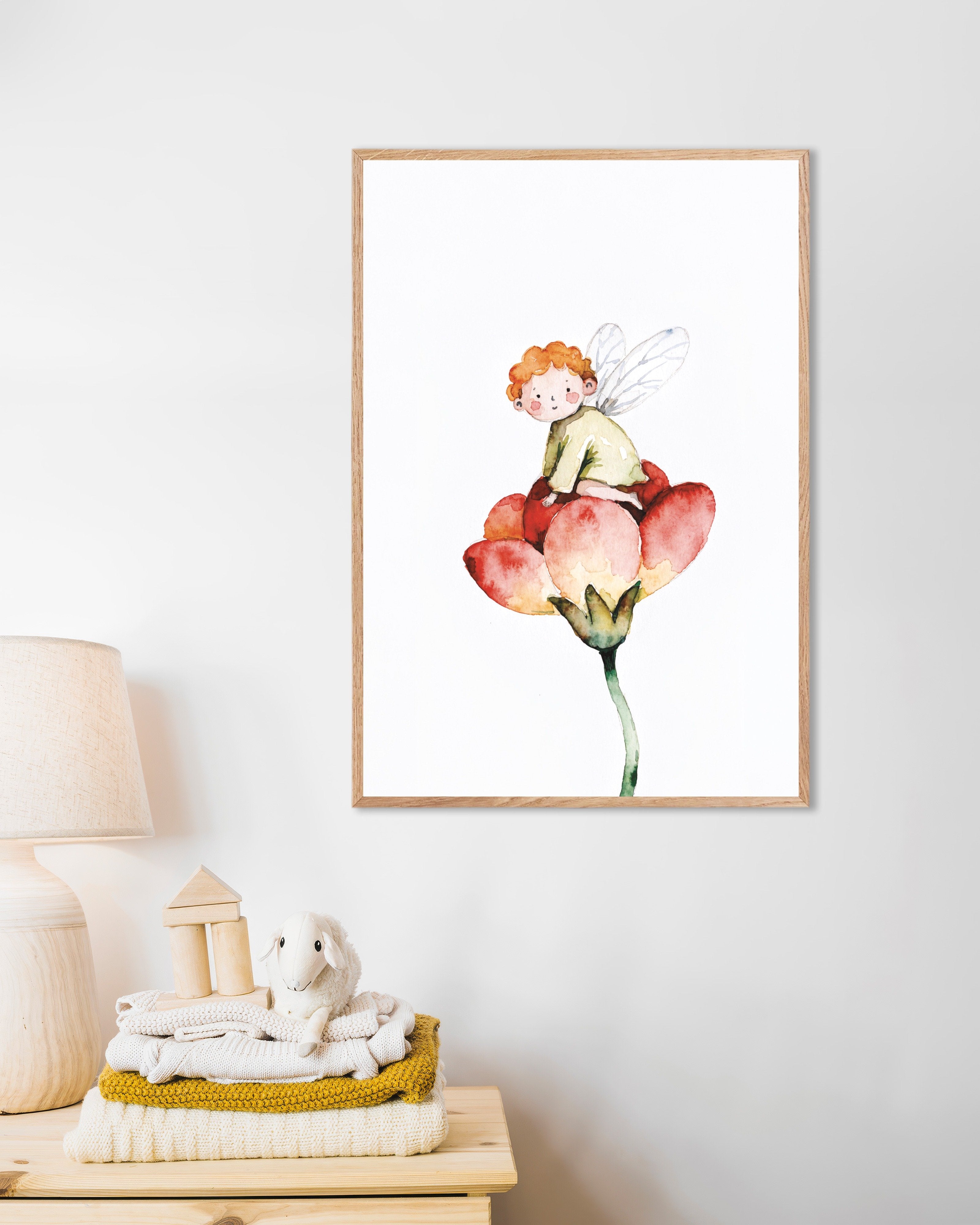 Poster of Red-Haired Fairy on a Tulip Poster, with natural wooden frame