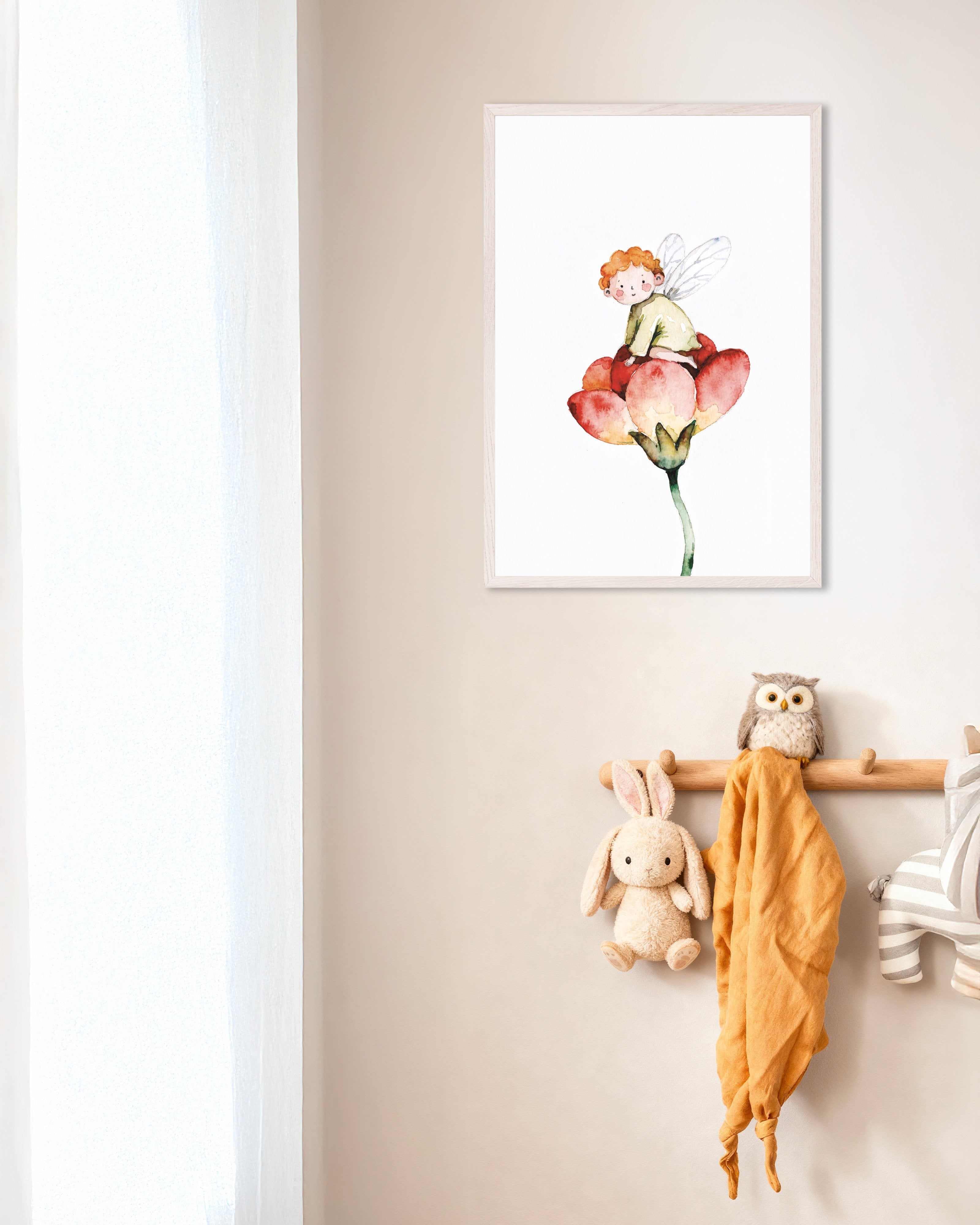 Poster of Red-Haired Fairy on a Tulip Poster, with white wooden frame