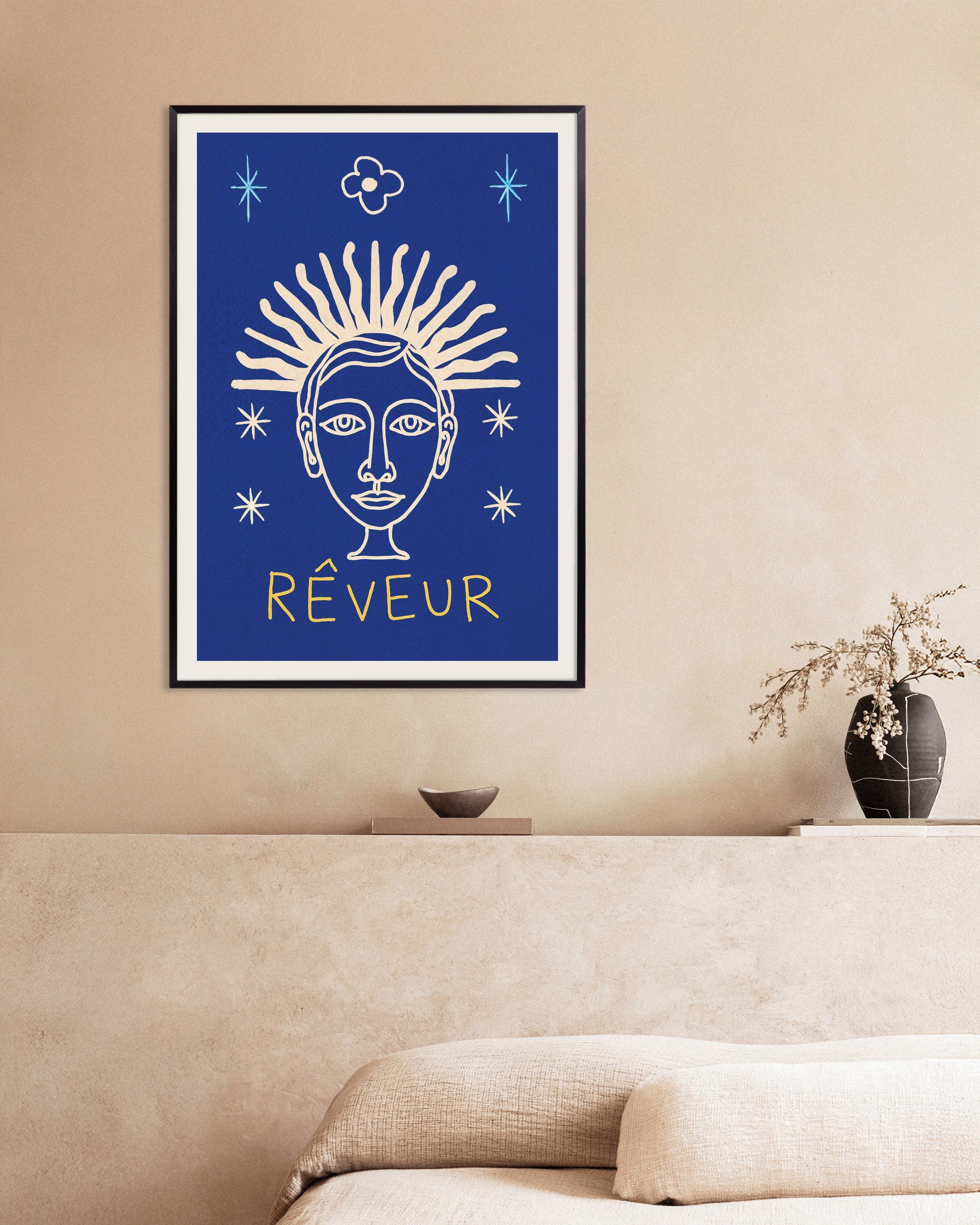 Poster of Rêveur - Sunburst Face on Deep Blue - Poster, with metal frame